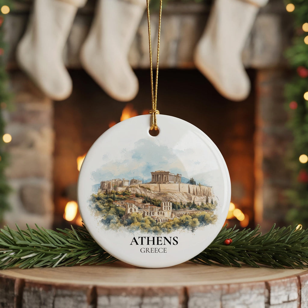 Athens Greece Personalized Watercolor Ornament, Custom Ceramic Christmas gift, Travel Keepsake - CuteBeePix