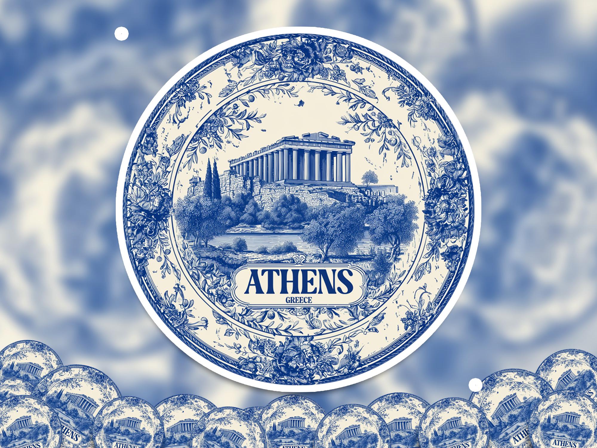 Athens Greece Sticker Vintage Delft style, Delftware Decal Waterproof Vinyl, Blue City Travel - CuteBeePix