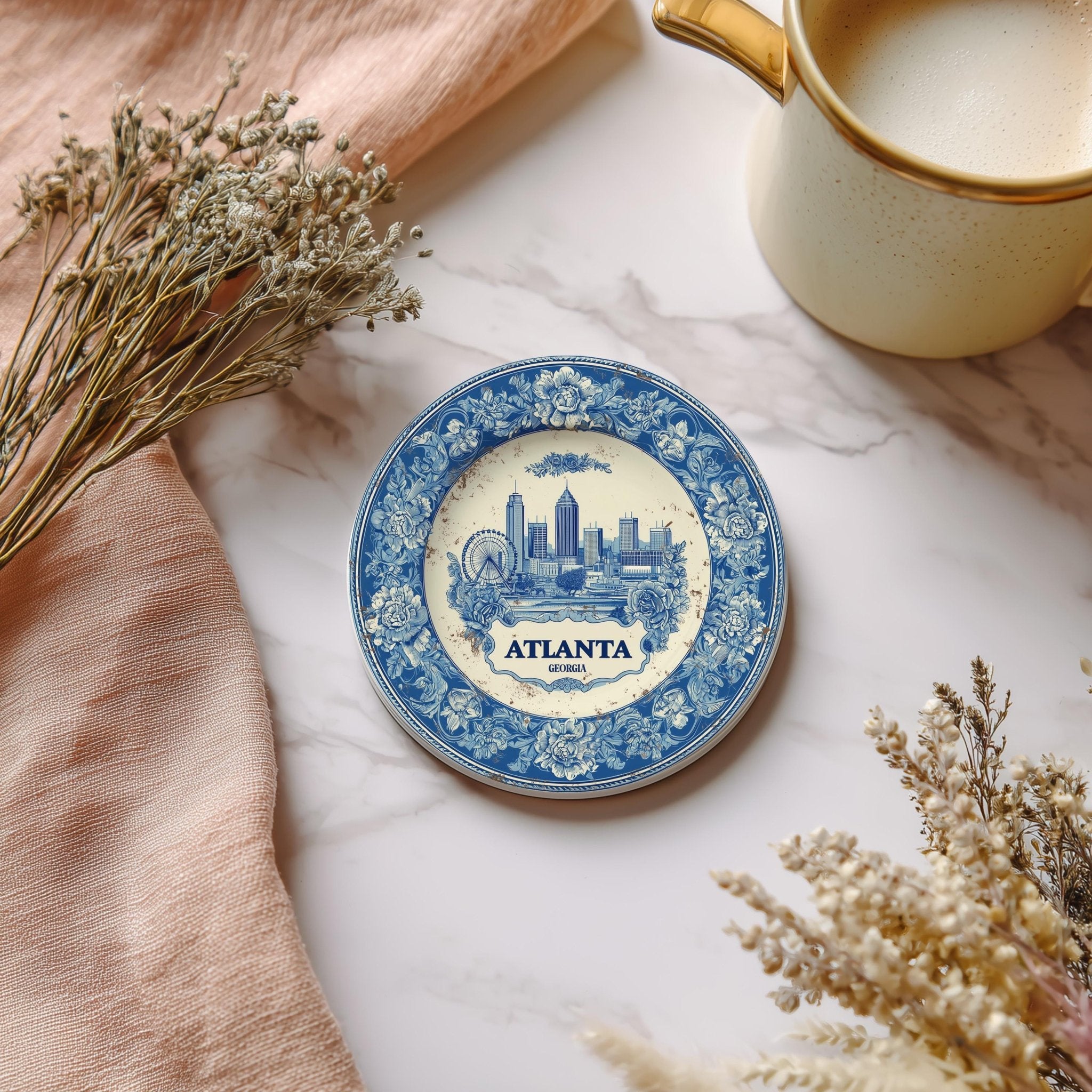 Atlanta Georgia Delftware Ceramic Coaster, Blue White Travel Gift, Vintage Home Decor Collectible - CuteBeePix