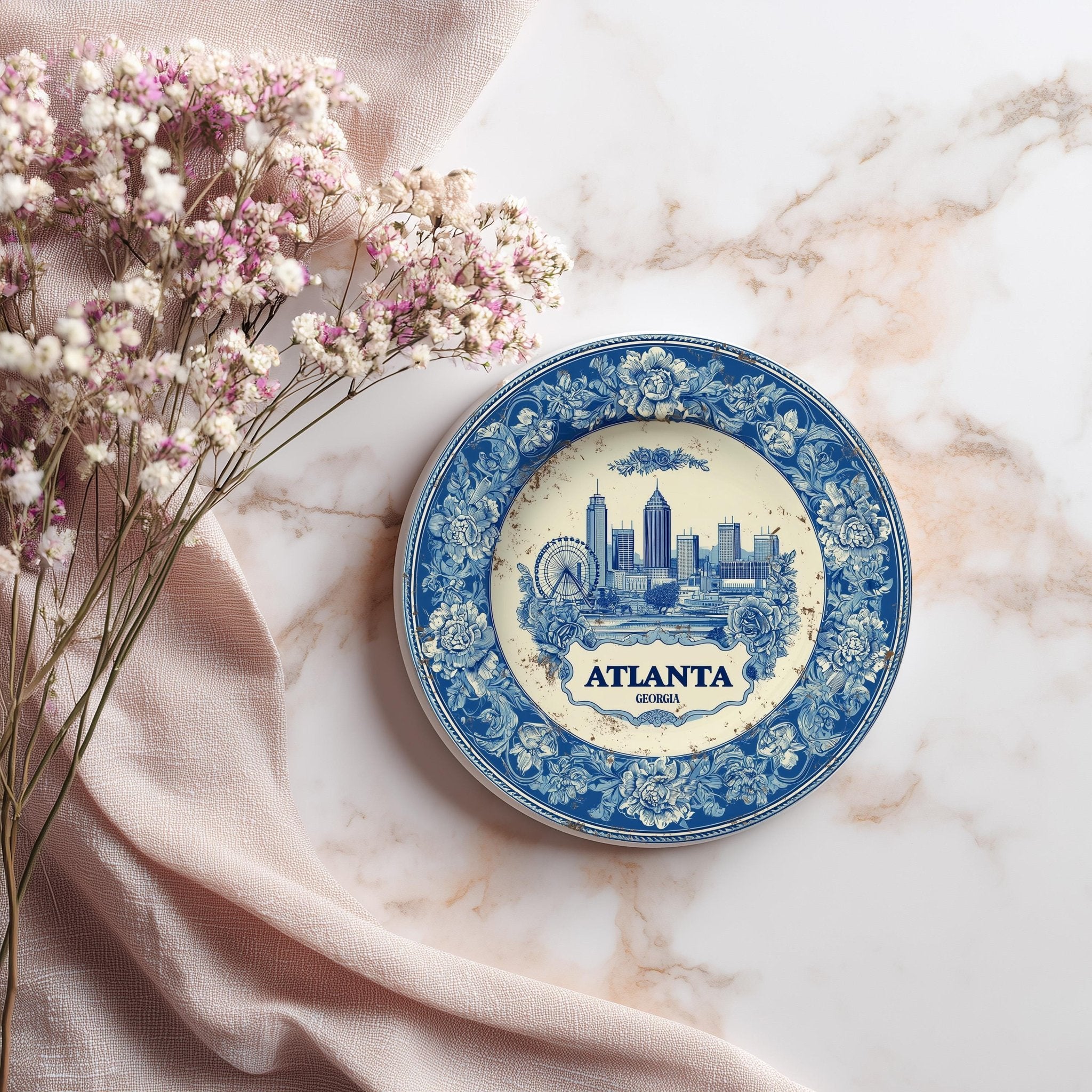 Atlanta Georgia Delftware Ceramic Coaster, Blue White Travel Gift, Vintage Home Decor Collectible - CuteBeePix