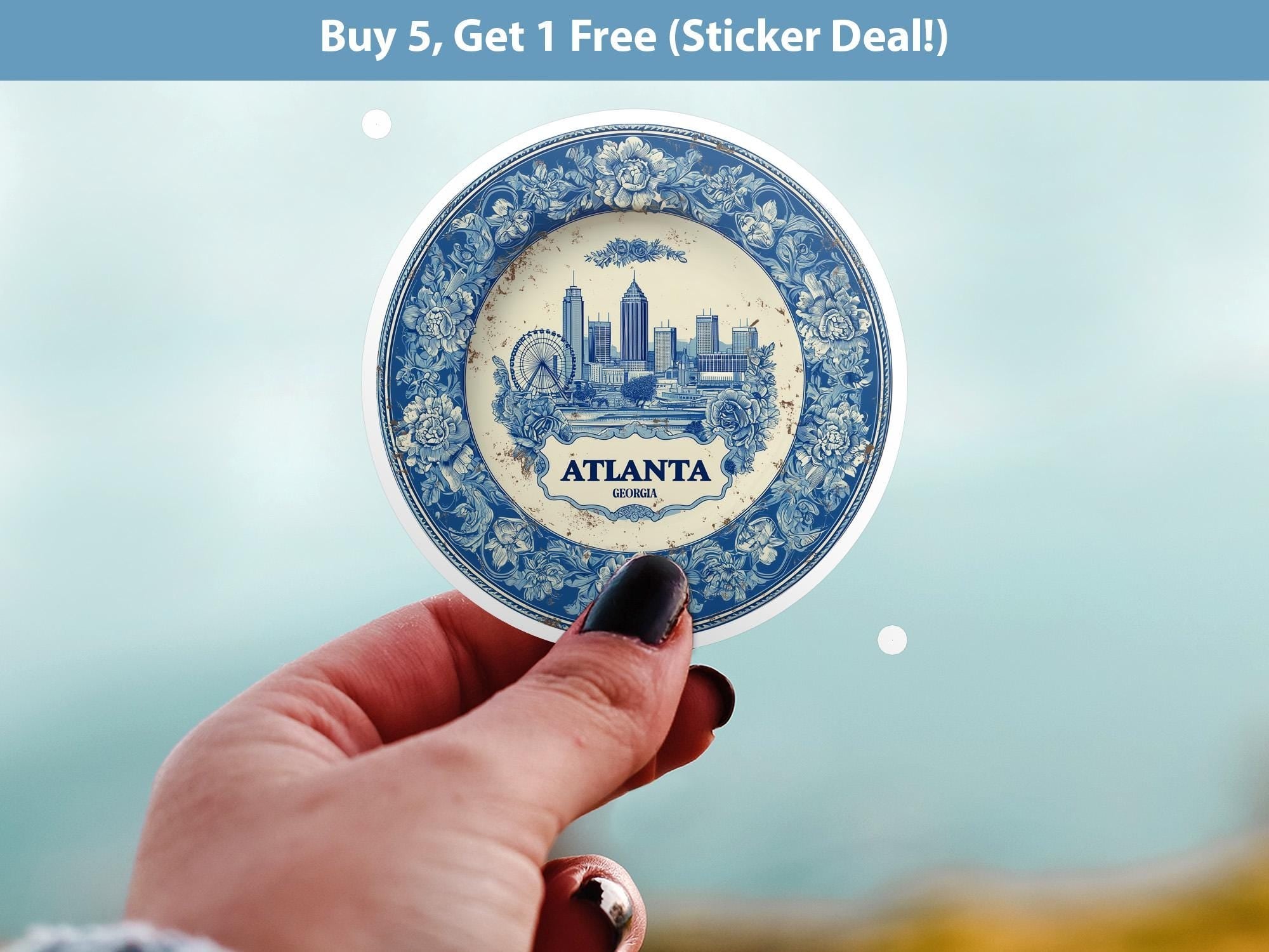 Atlanta Georgia Sticker Vintage Delft style, Delftware Decal Waterproof Vinyl, Blue City Travel USA - CuteBeePix
