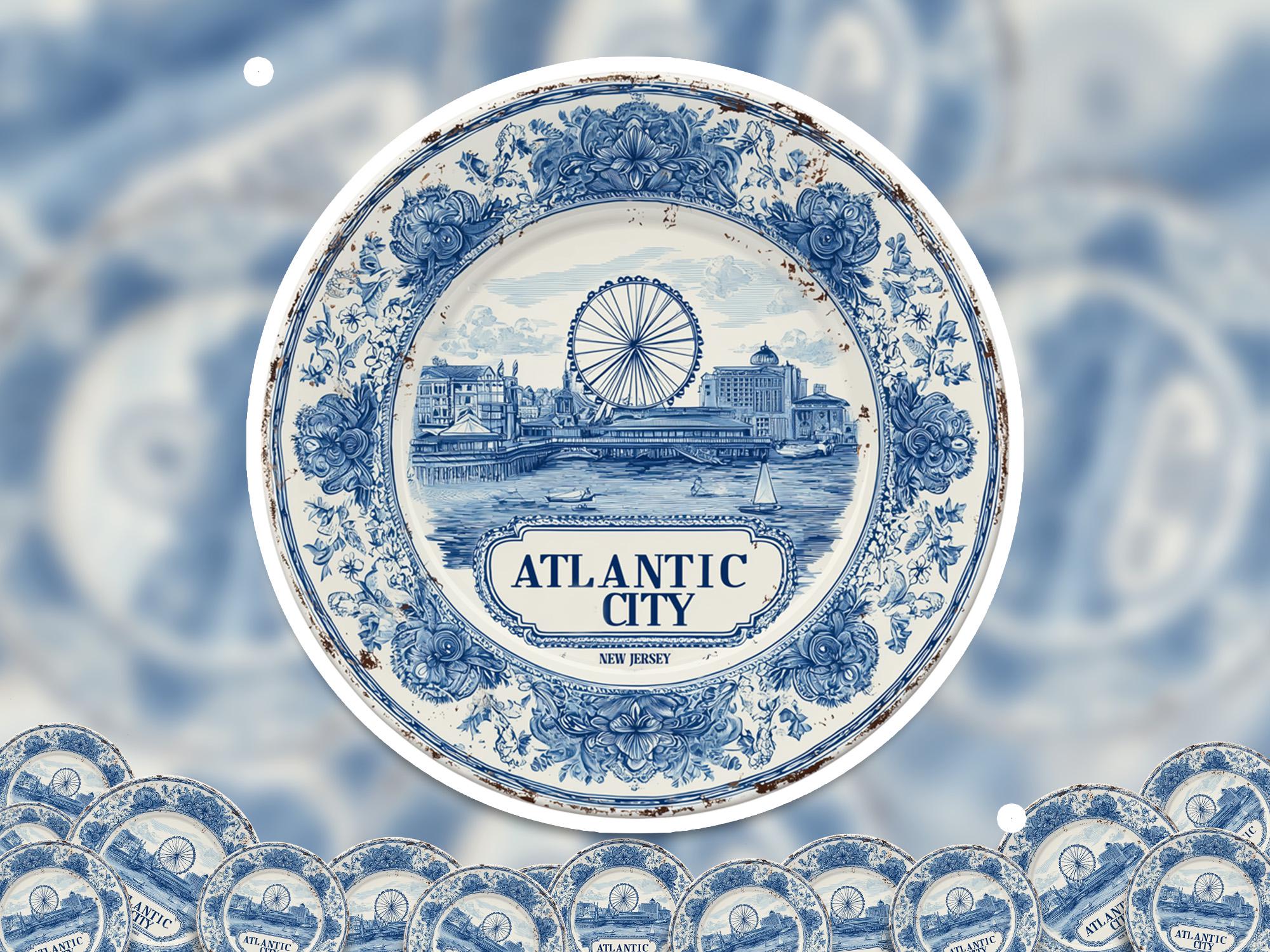 Atlantic City New Jersey Sticker Vintage Delft style, Delftware Decal Waterproof Vinyl, USA Travel - CuteBeePix