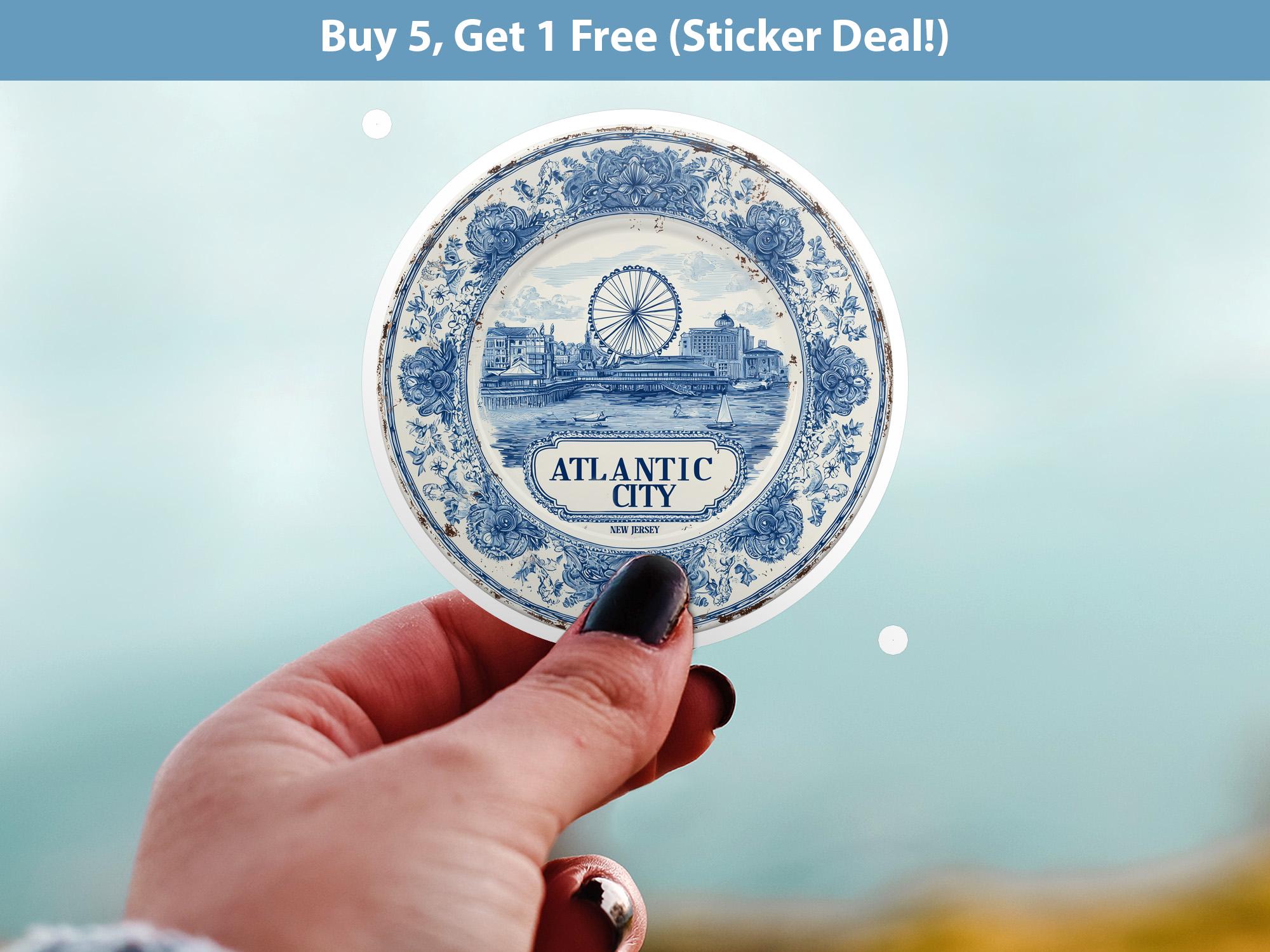 Atlantic City New Jersey Sticker Vintage Delft style, Delftware Decal Waterproof Vinyl, USA Travel - CuteBeePix