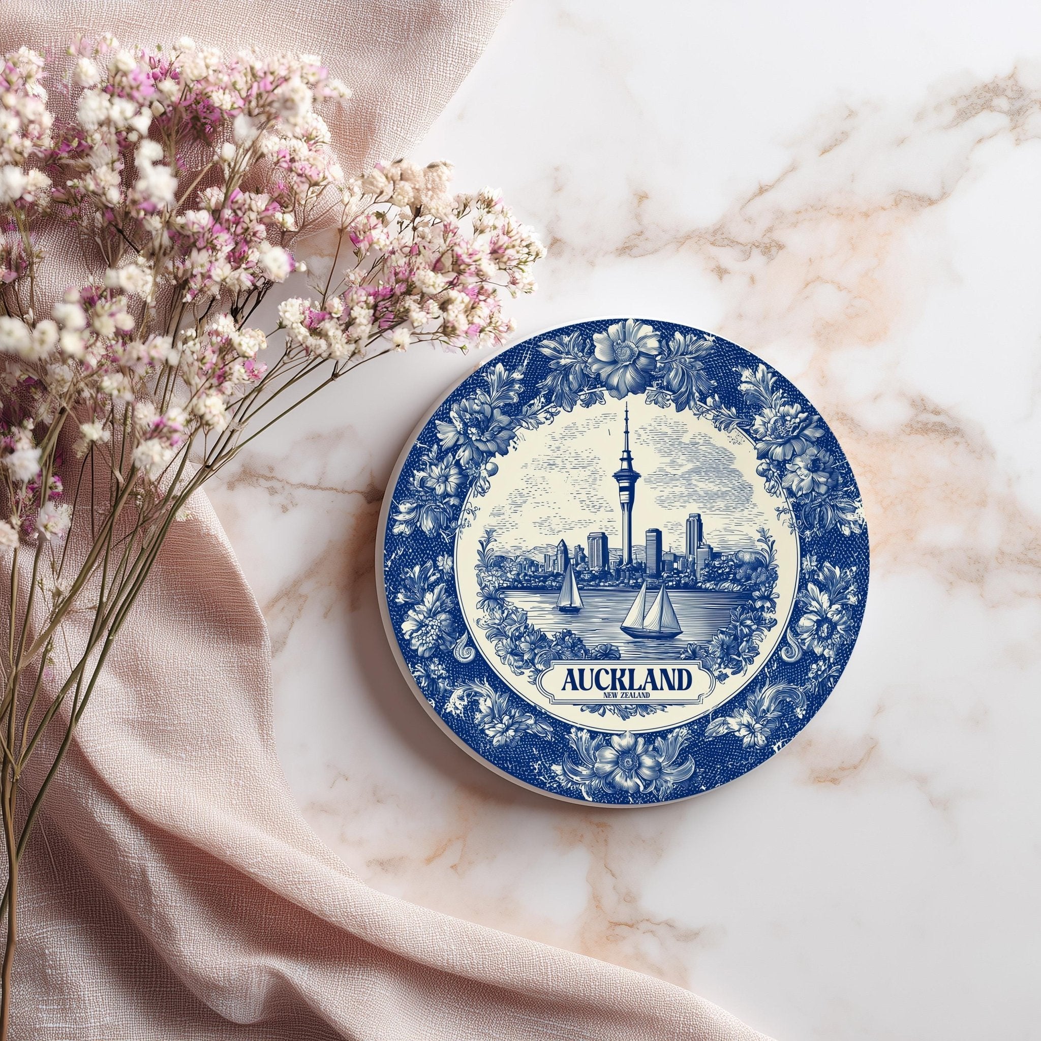 Auckland New Zealand Delftware Ceramic Coaster, Blue White Travel Gift, Vintage Home Decor Collectible - CuteBeePix