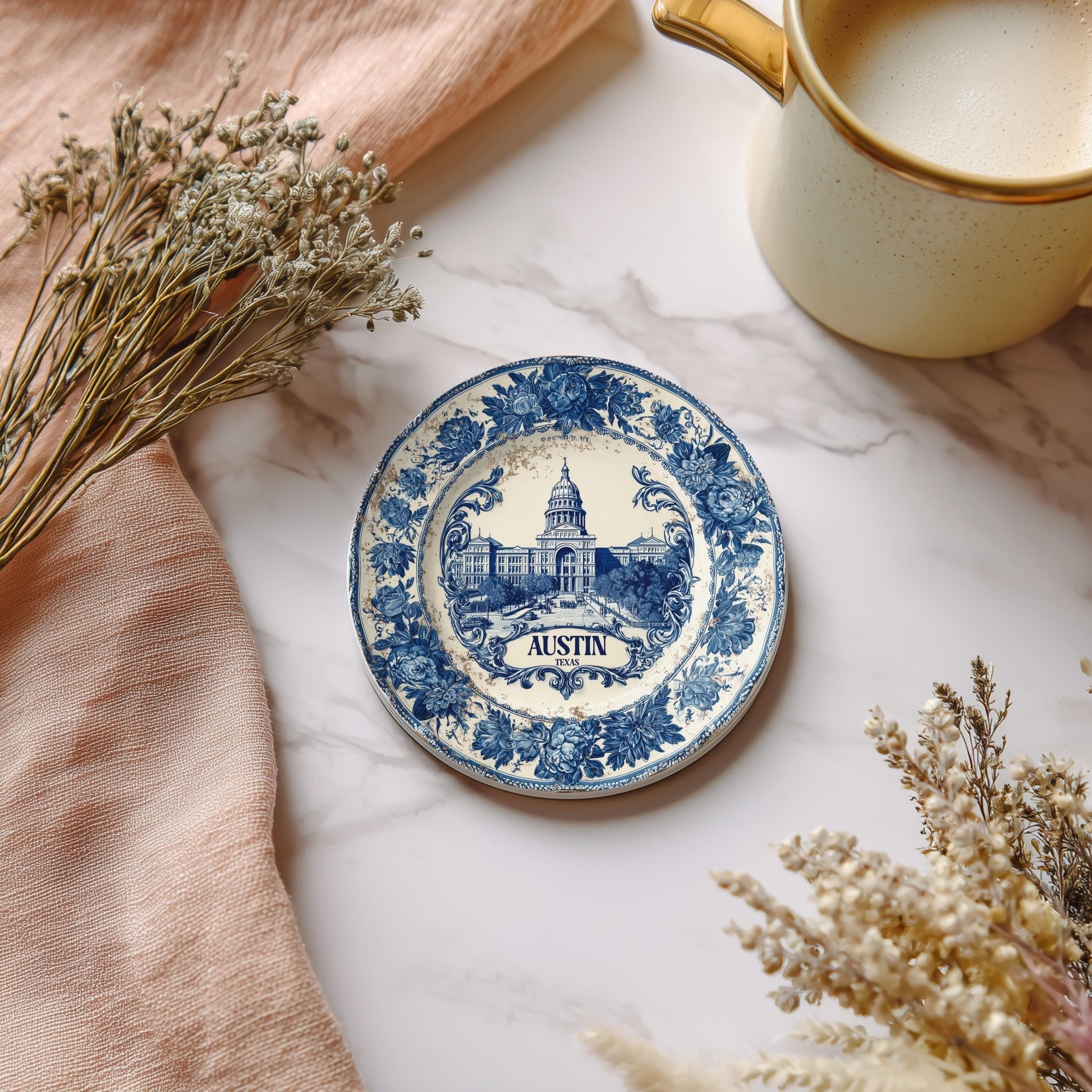 Austin Texas Delftware Ceramic Coaster, Blue White Travel Gift, Vintage Home Decor Collectible - CuteBeePix