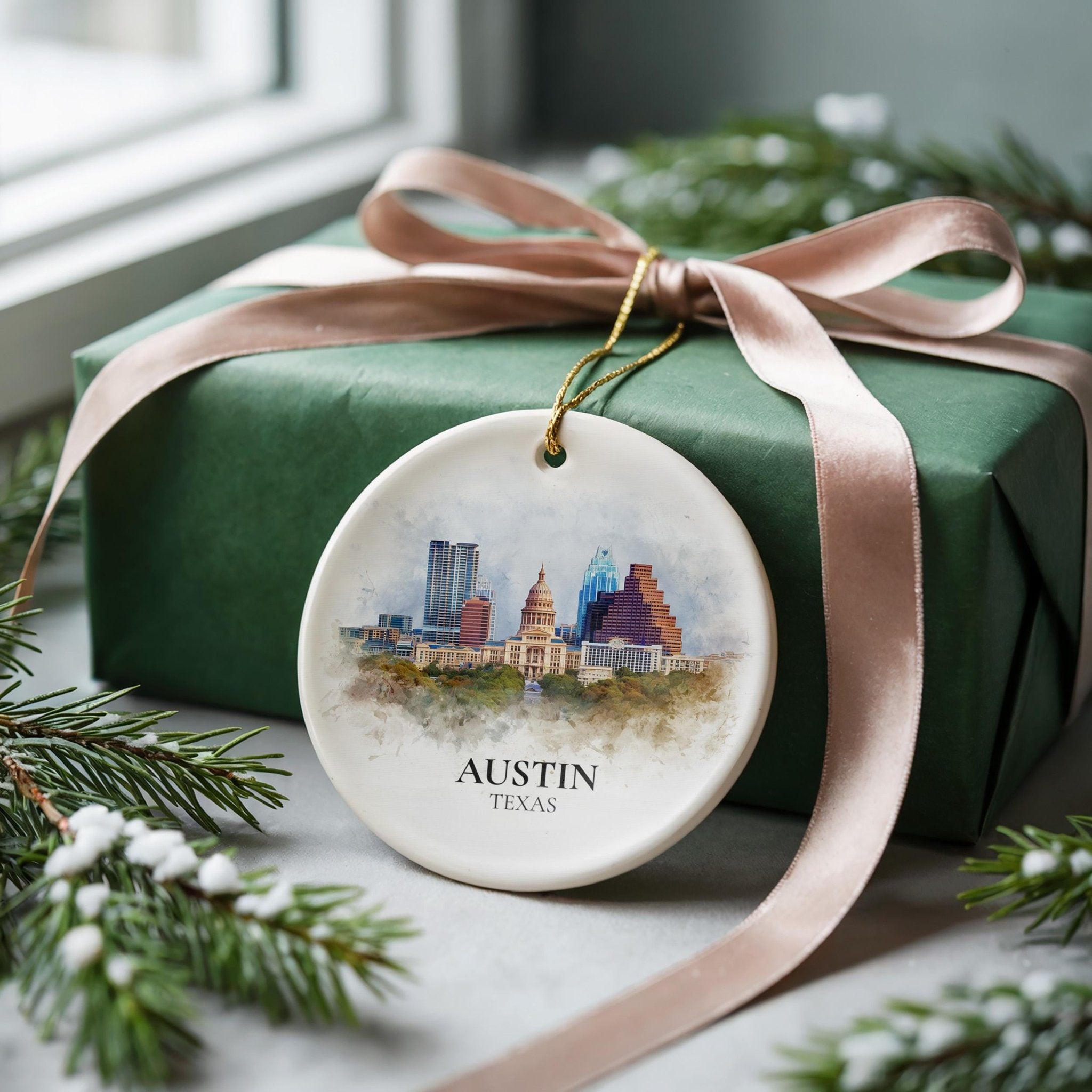 Austin Texas Personalized Watercolor Ornament, Custom Ceramic Christmas gift, Travel Keepsake - CuteBeePix