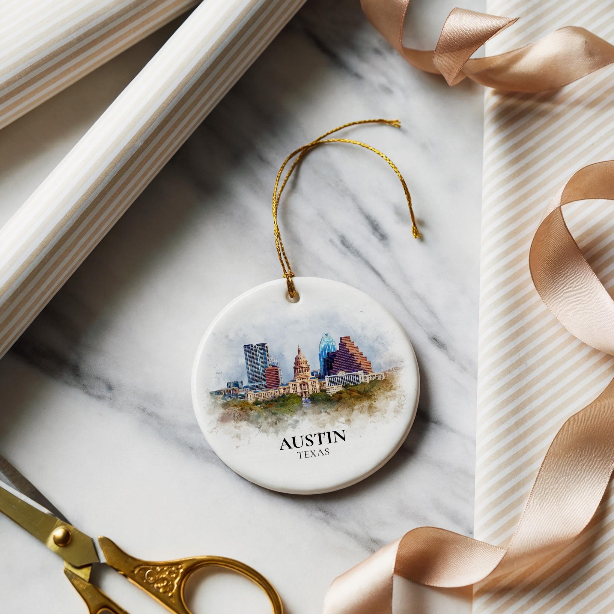 Austin Texas Personalized Watercolor Ornament, Custom Ceramic Christmas gift, Travel Keepsake - CuteBeePix