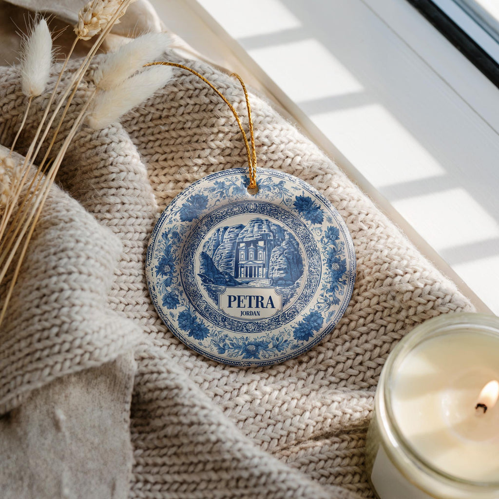 Custom Petra Jordan Ceramic Delft Ornament, Christmas Delftware Blue Delftware city travel