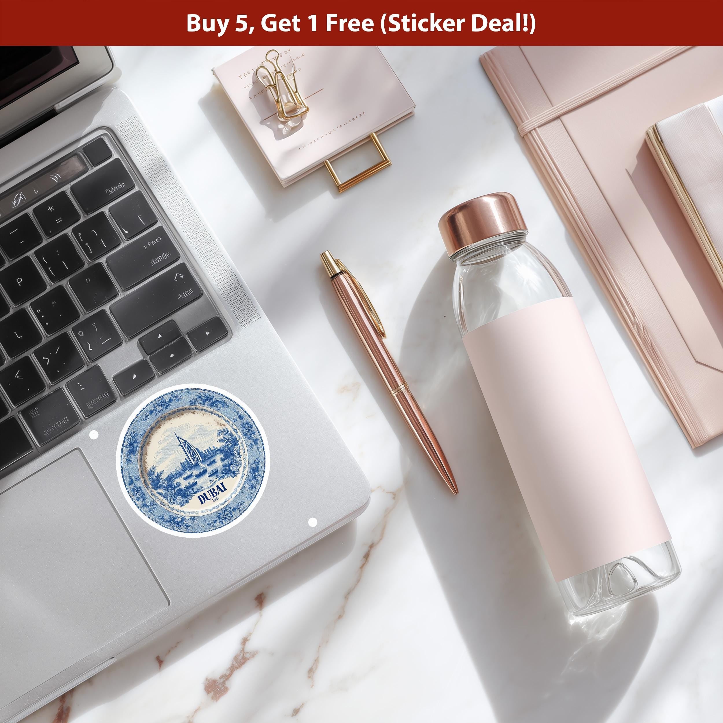 Dubai UAE Sticker Vintage Delft style, Delftware Decal Waterproof Vinyl, Blue City Travel