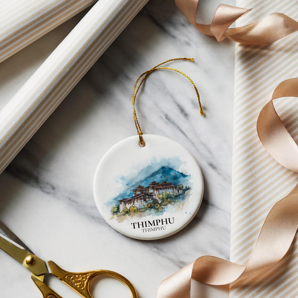 Thimphu Bhutan Personalized Watercolor Ornament, Custom Ceramic Christmas gift, Travel Keepsake