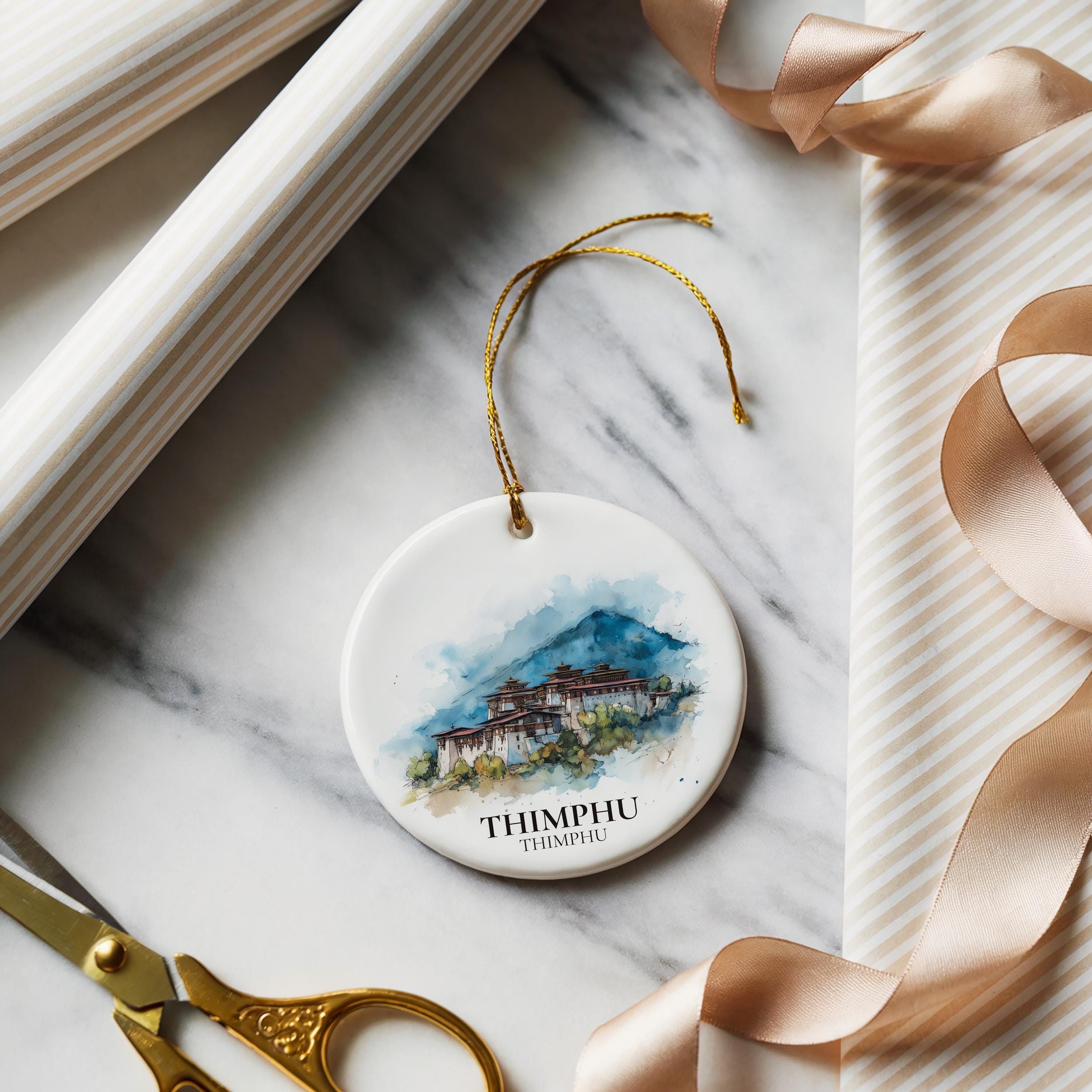 Thimphu Bhutan Personalized Watercolor Ornament, Custom Ceramic Christmas gift, Travel Keepsake
