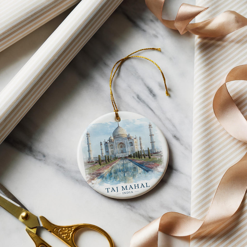 Taj Mahal India Personalized Watercolor Ornament, Custom Ceramic Christmas gift, Travel Keepsake