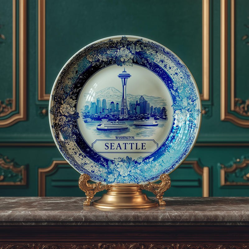 Seattle Decorative Plate, Delft Vintage Home Decor Personalized Gift, Washington Travel Housewarming