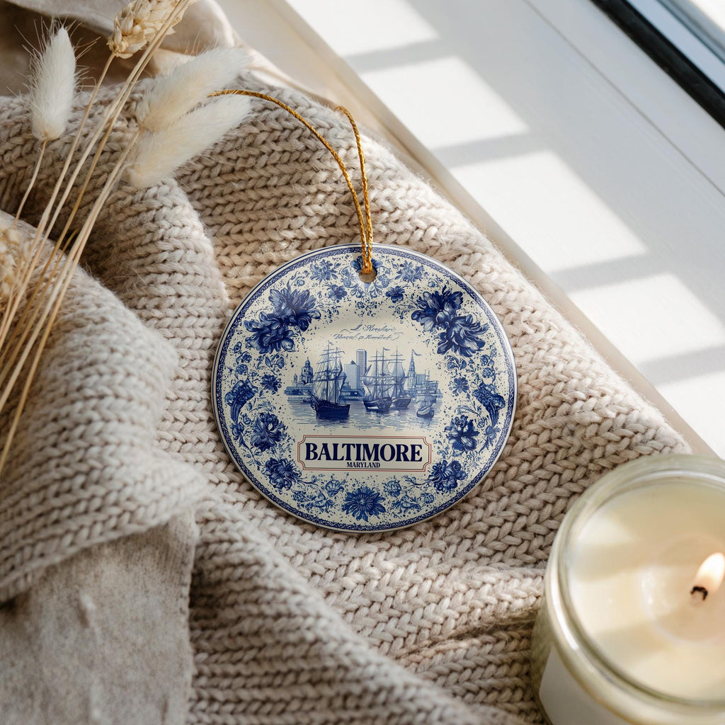Custom Baltimore Maryland Ceramic Delft Ornament, Christmas Delftware Blue Delftware city travel