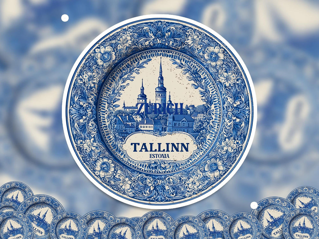Tallinn Estonia Sticker Vintage Delft style, Delftware Decal Waterproof Vinyl, Blue City Travel