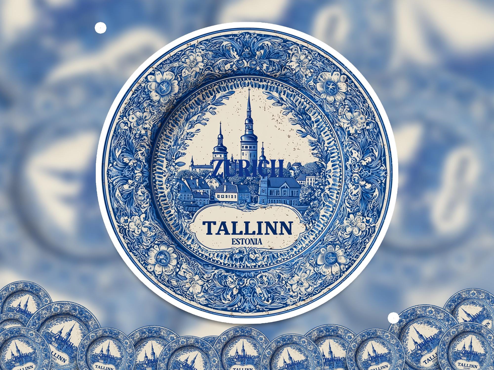 Tallinn Estonia Sticker Vintage Delft style, Delftware Decal Waterproof Vinyl, Blue City Travel
