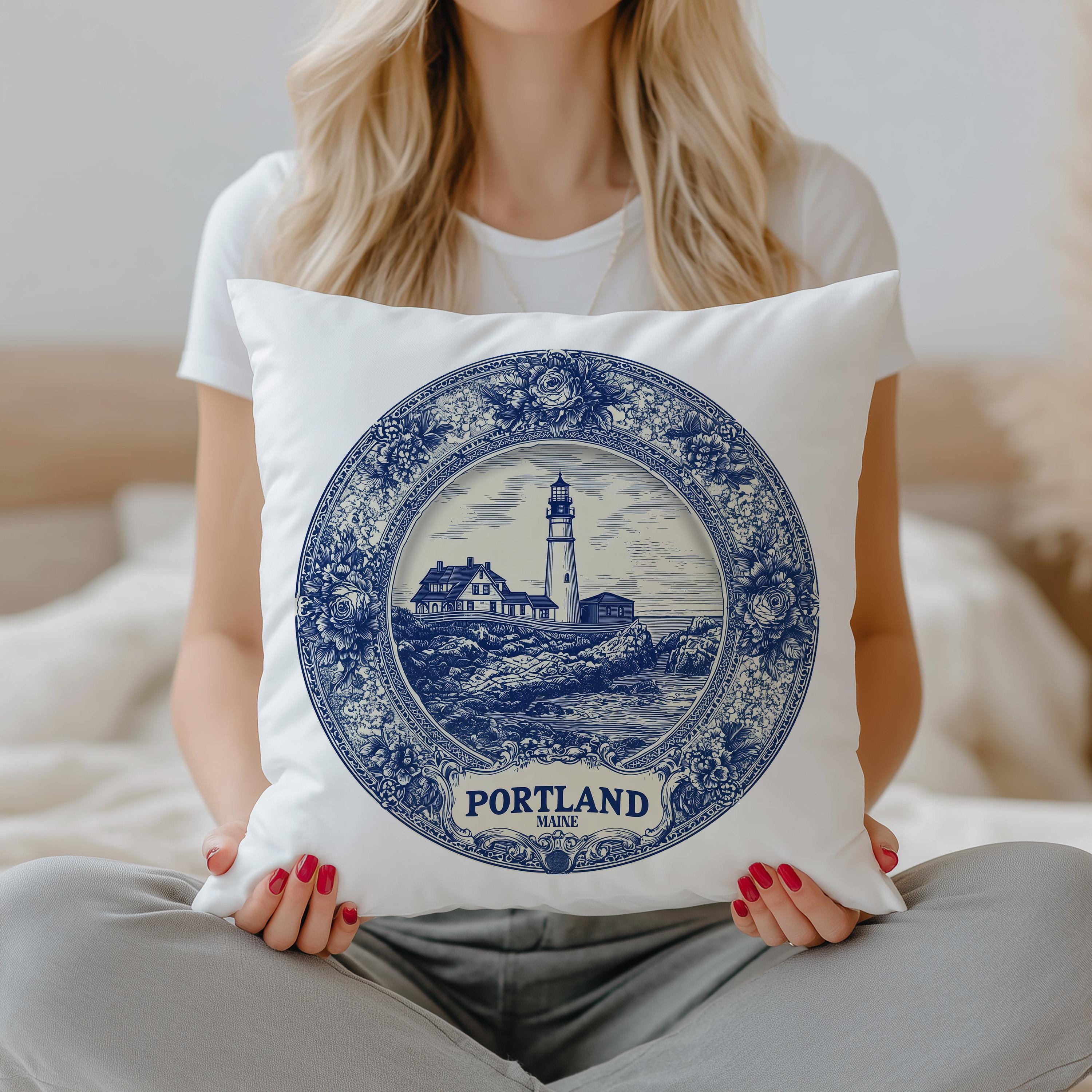 Portland Maine Pillowcase, Delft Style Decorative Throw Pillow, Vintage Cityscape Retro Home Decor
