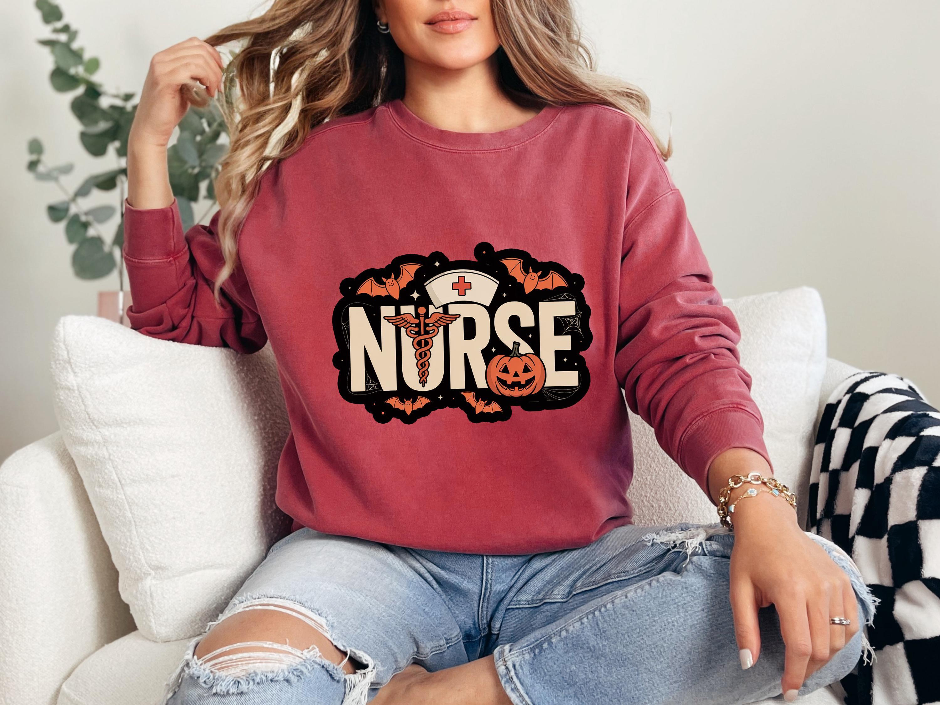 Halloween Nurse Comfort Colors Sweatshirt, Spooky RN Crewneck Pullover, Pumpkin Bat Ghost Design, Nurse Gift Fall Outfit