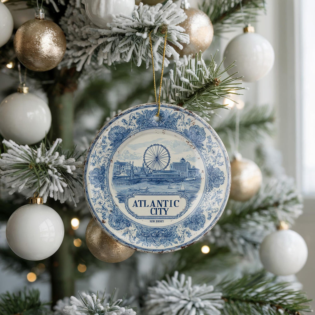 Custom Atlantic City New Jersey Ceramic Delft Ornament, Christmas Delftware Blue Delftware city travel