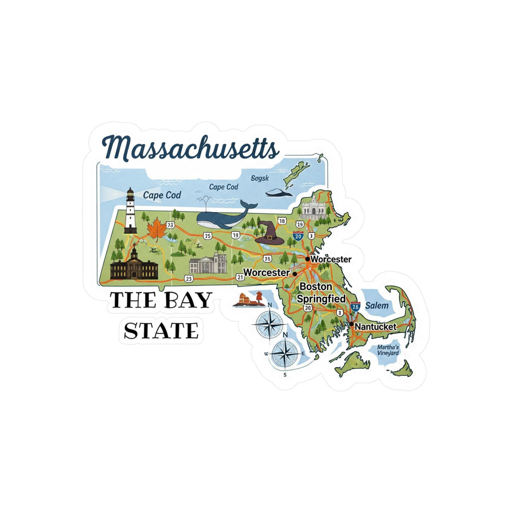 Massachusetts State Sticker, USA Kiss-Cut Vinyl, Landmark Waterproof Decal, United States Travel Collection