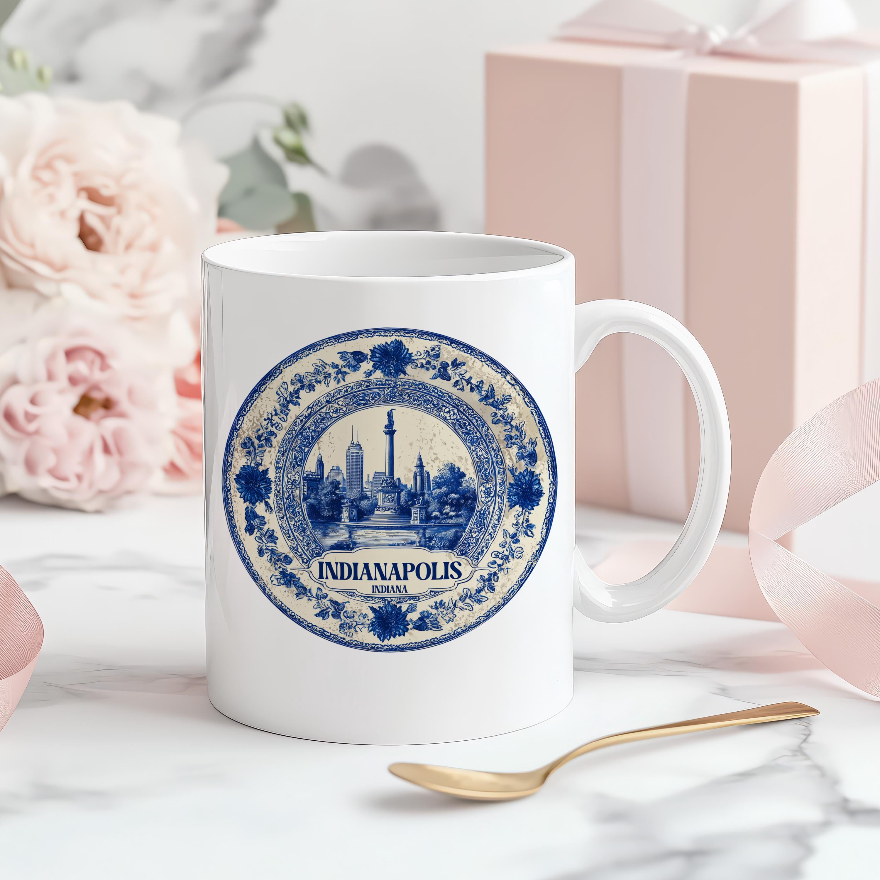 Indianapolis Indiana Mug, Custom Delft Style cup, Personalized Vintage Travel City Gift