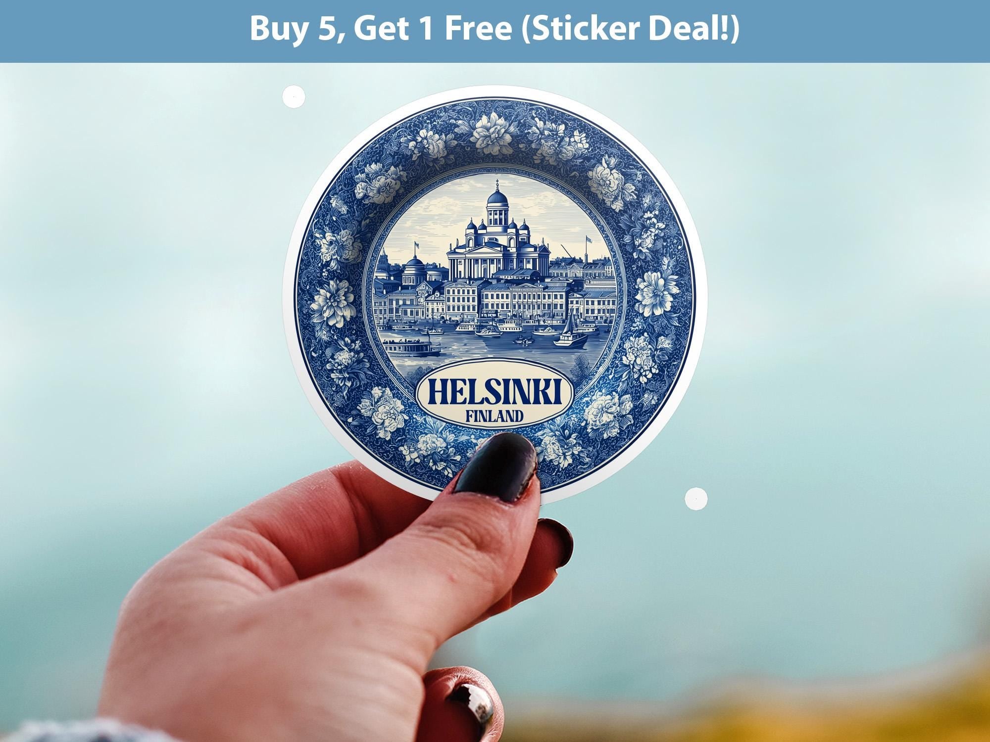 Helsinki Finland Sticker Vintage Delft style, Delftware Decal Waterproof Vinyl, Blue City Travel
