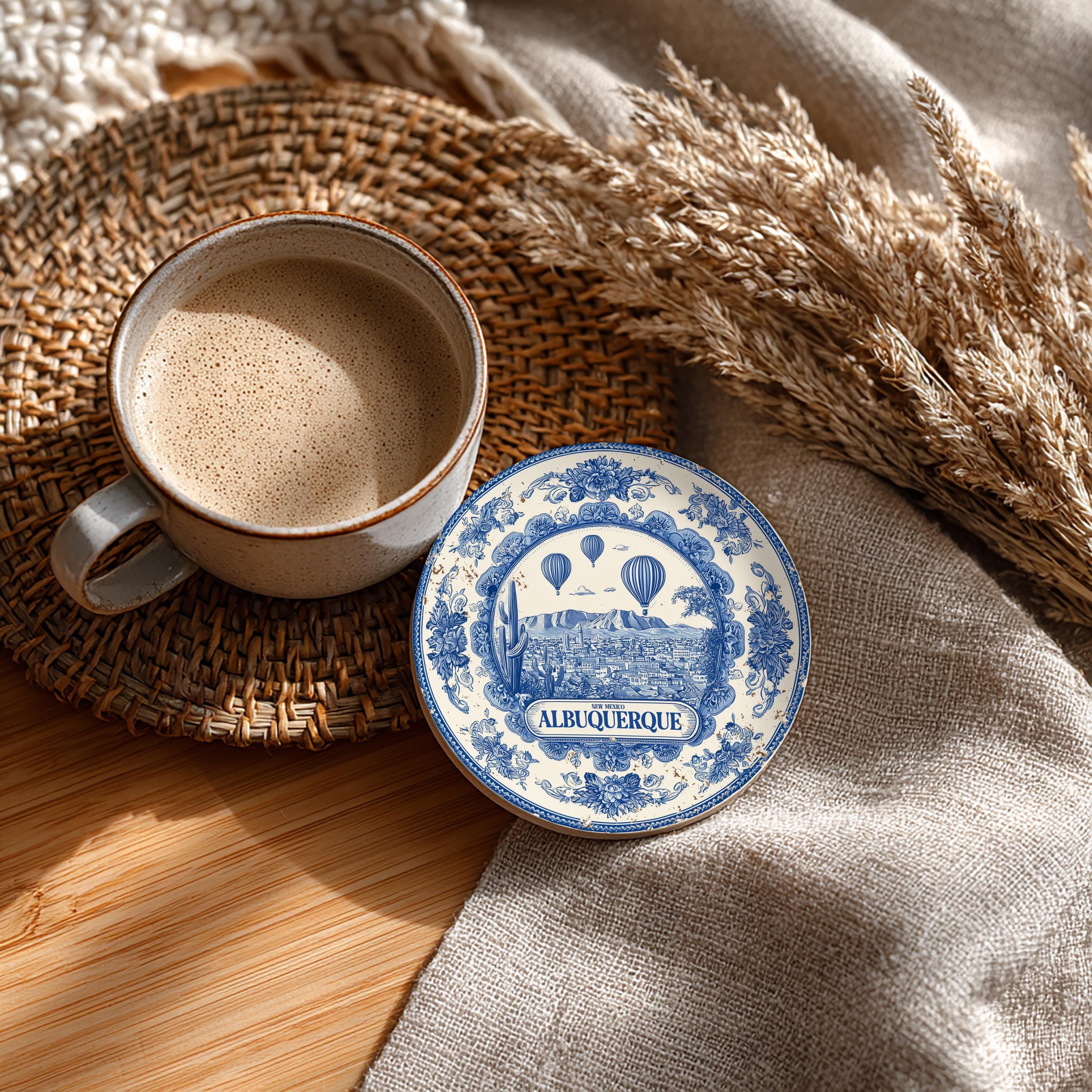 Albuquerque New Mexico Delftware Ceramic Coaster, Blue White Travel Gift, Vintage Home Decor Collectible