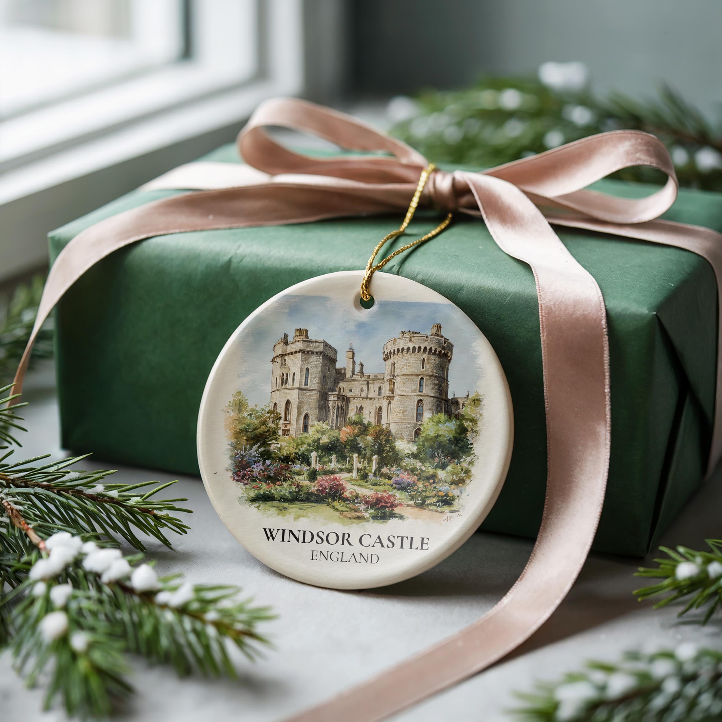 Windsor Castle England Personalized Watercolor Ornament, Custom Ceramic Christmas gift, Travel Keepsake