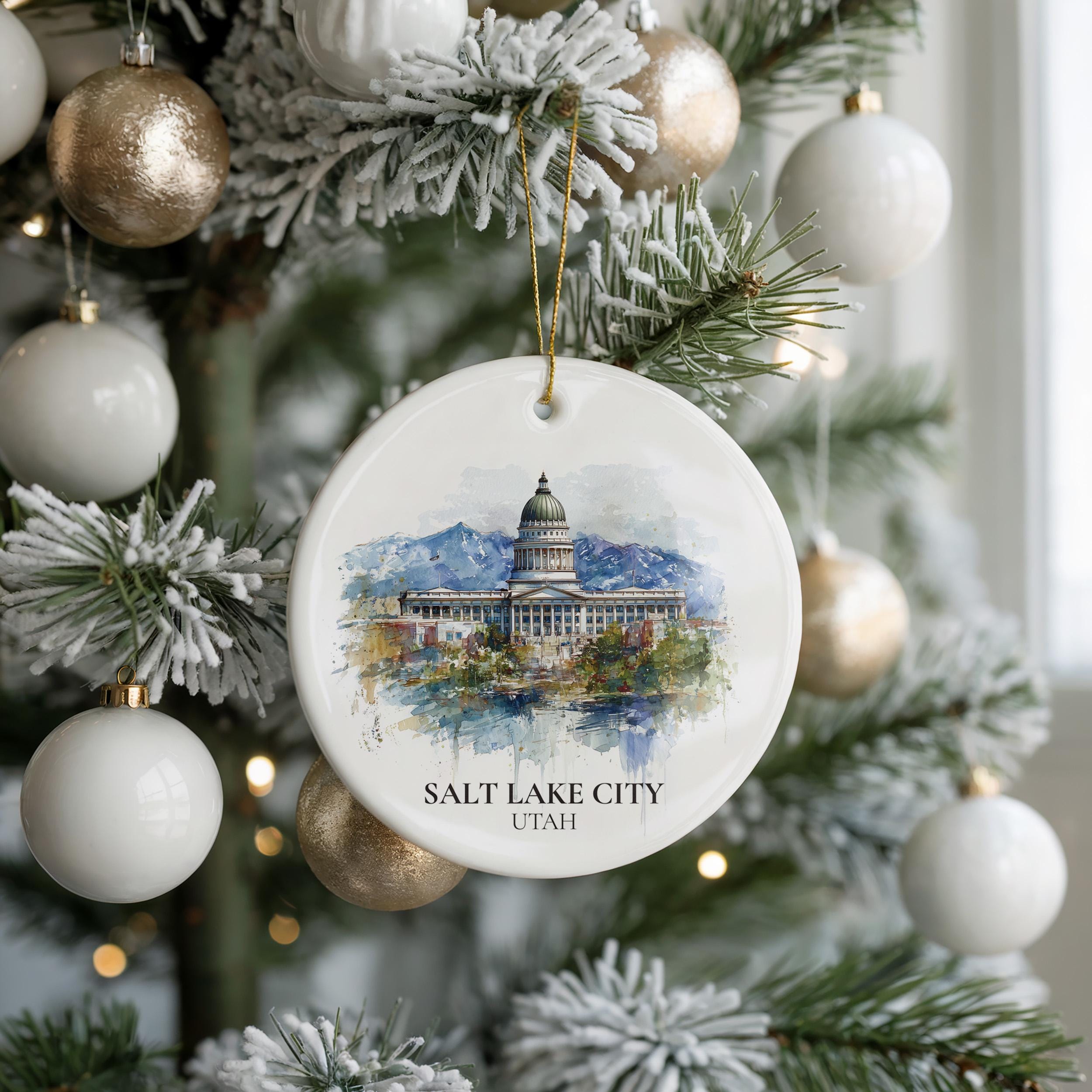 Salt Lake City Utah Personalized Watercolor Ornament, Custom Ceramic Christmas gift, Travel Keepsake