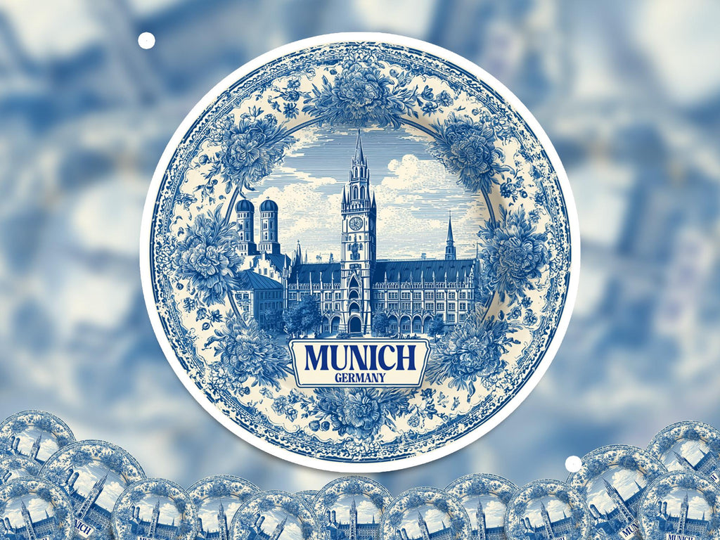 Munich Germany Sticker Vintage Delft style, Delftware Decal Waterproof Vinyl, Blue City Travel