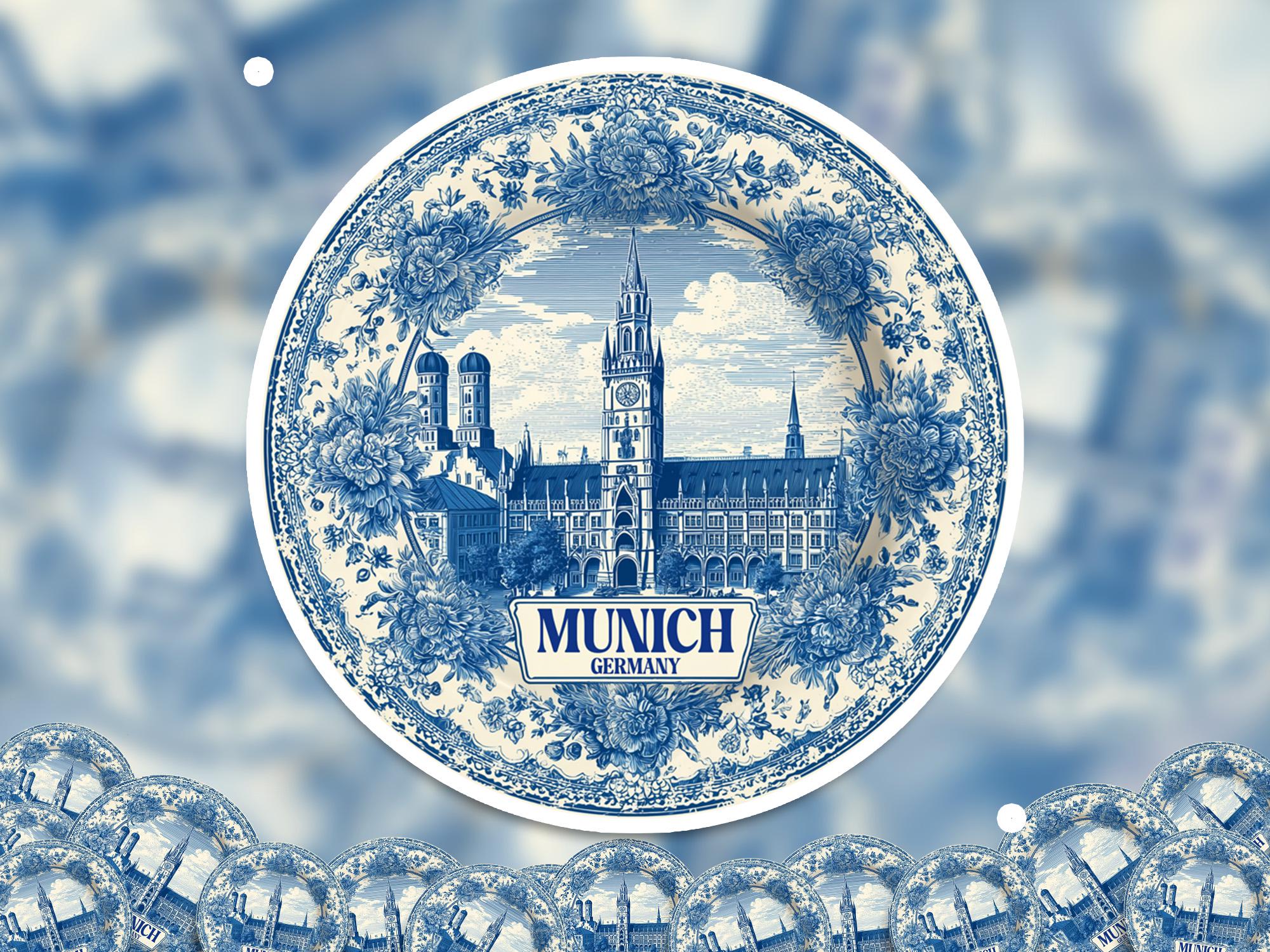 Munich Germany Sticker Vintage Delft style, Delftware Decal Waterproof Vinyl, Blue City Travel