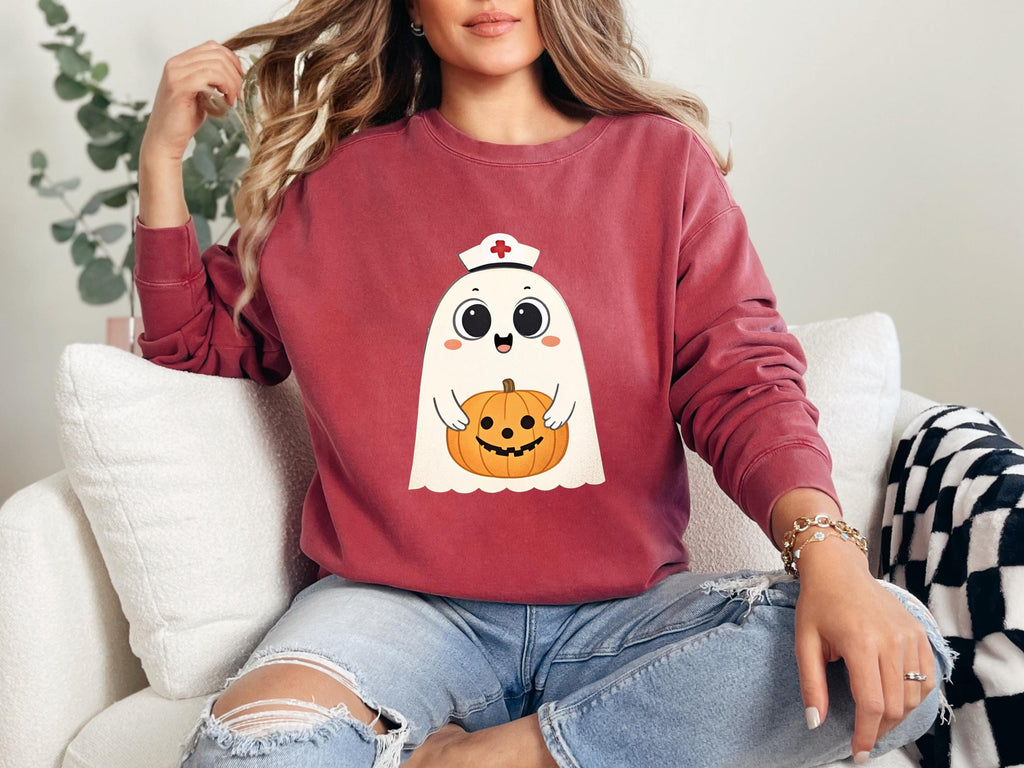 Halloween Nurse Sweatshirt: Spooky Ghost & Pumpkin Retro Fall Top