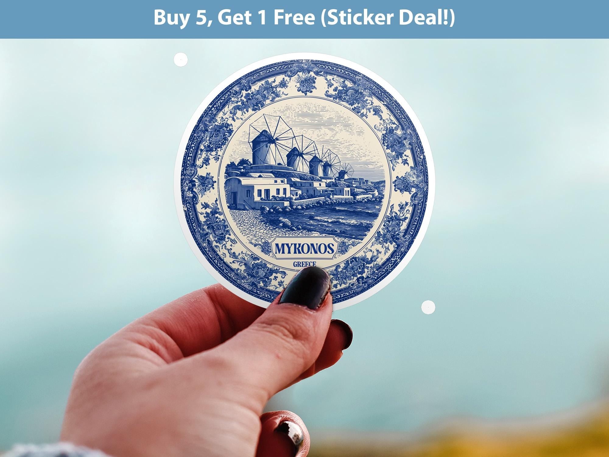 Mykonos Greece Sticker Vintage Delft style, Delftware Decal Waterproof Vinyl, Blue City Travel