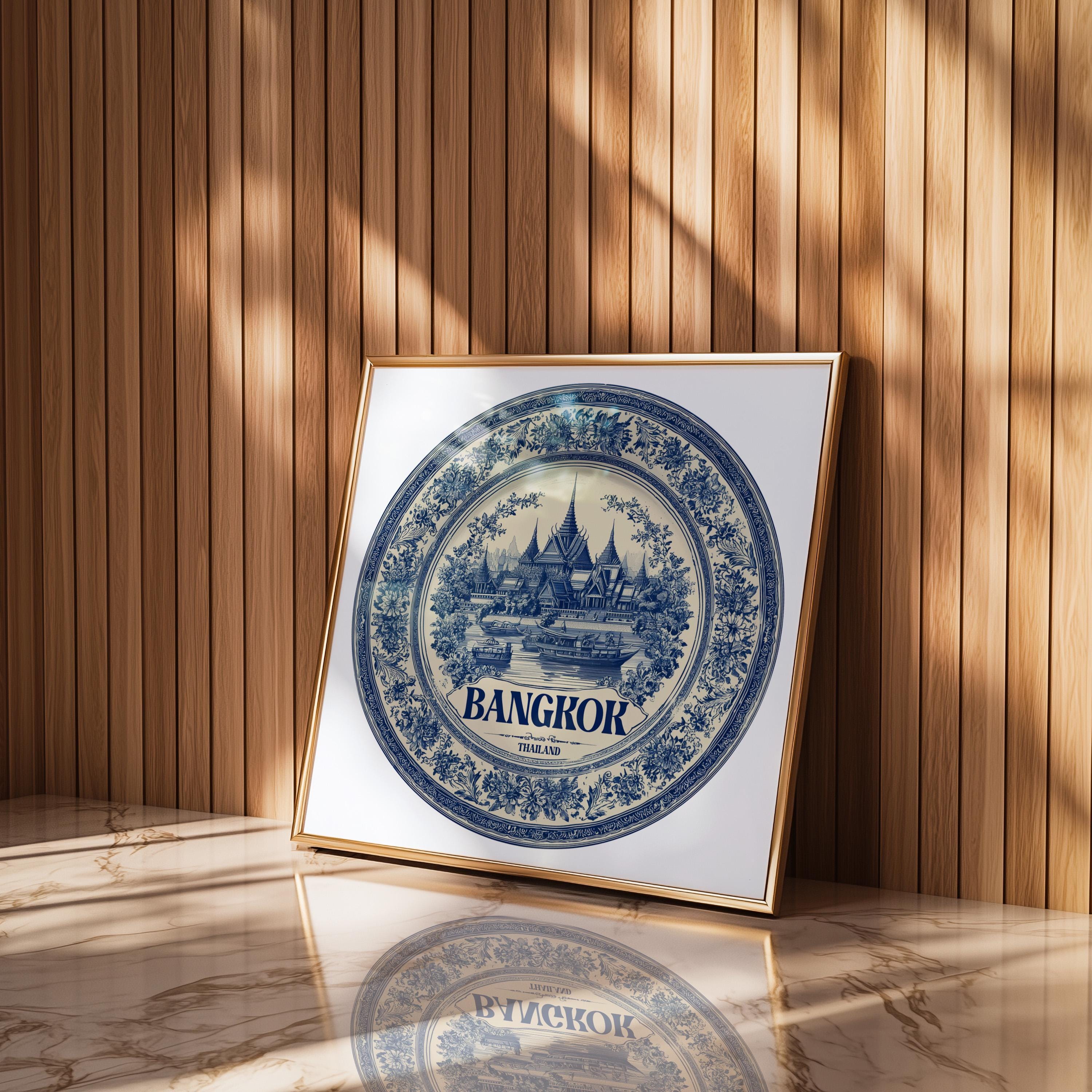 Bangkok Thailand Wall Art, Vintage Delft Blue Poster, City Print, Travel Home Decor