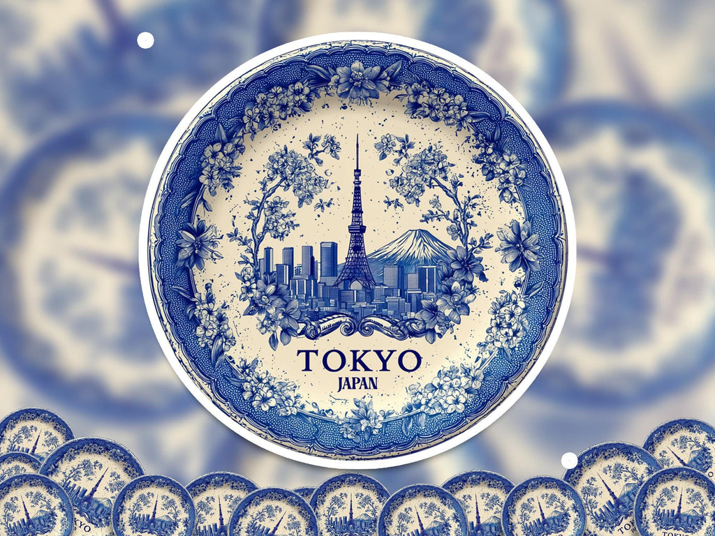 Tokyo Japan Sticker Vintage Delft style, Delftware Decal Waterproof Vinyl, Blue City Travel