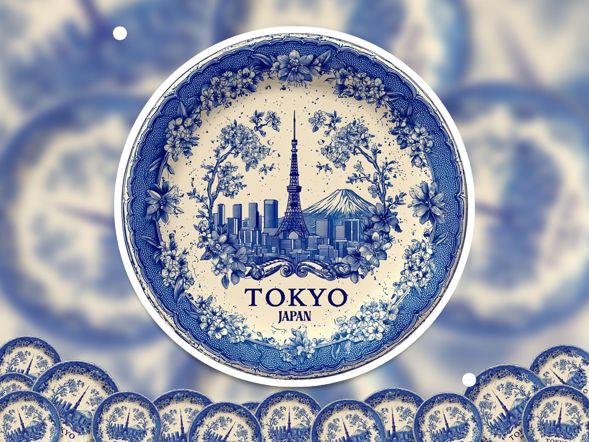 Tokyo Japan Sticker Vintage Delft style, Delftware Decal Waterproof Vinyl, Blue City Travel