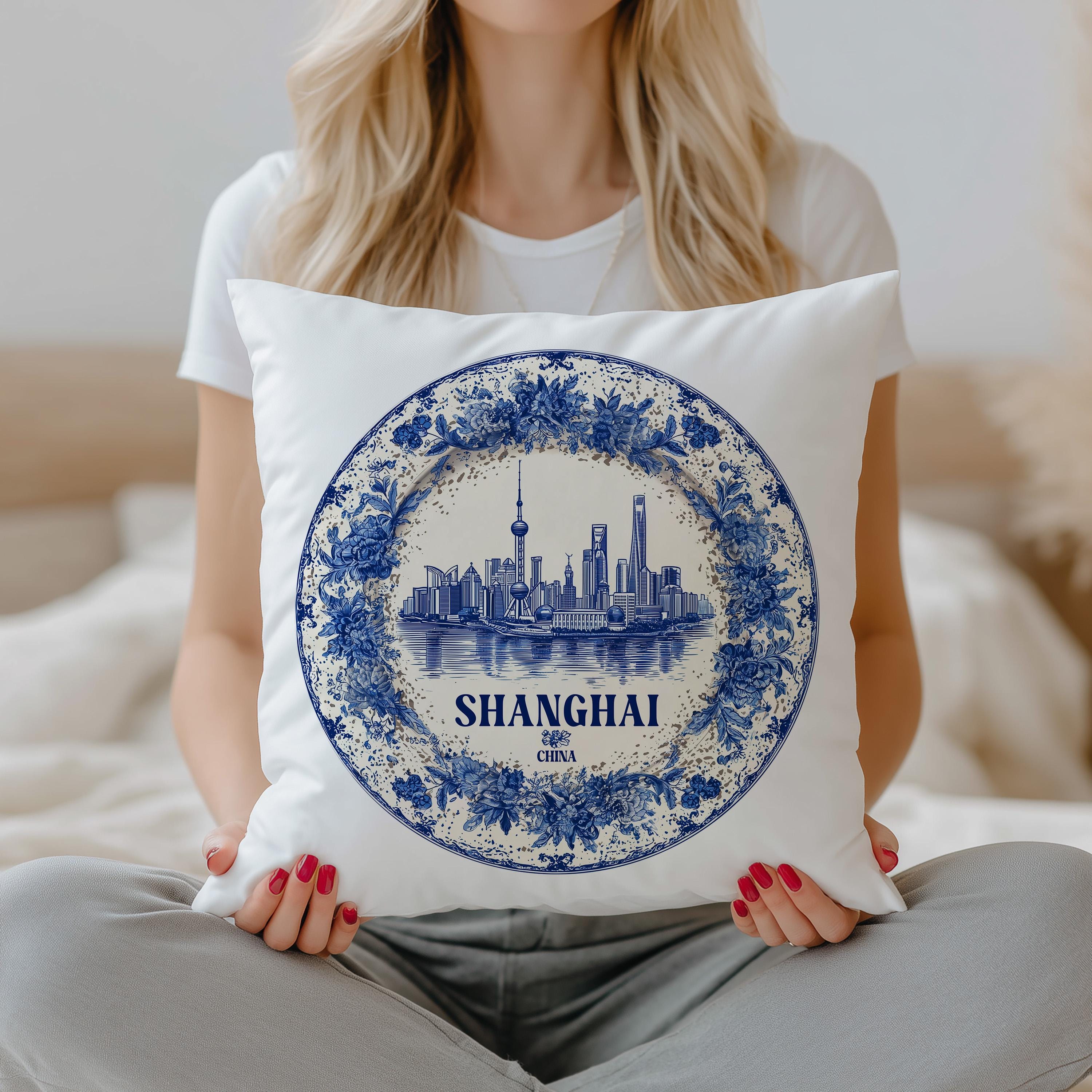 Shanghai China Pillowcase, Delft Style Decorative Throw Pillow, Vintage Cityscape Retro Home Decor