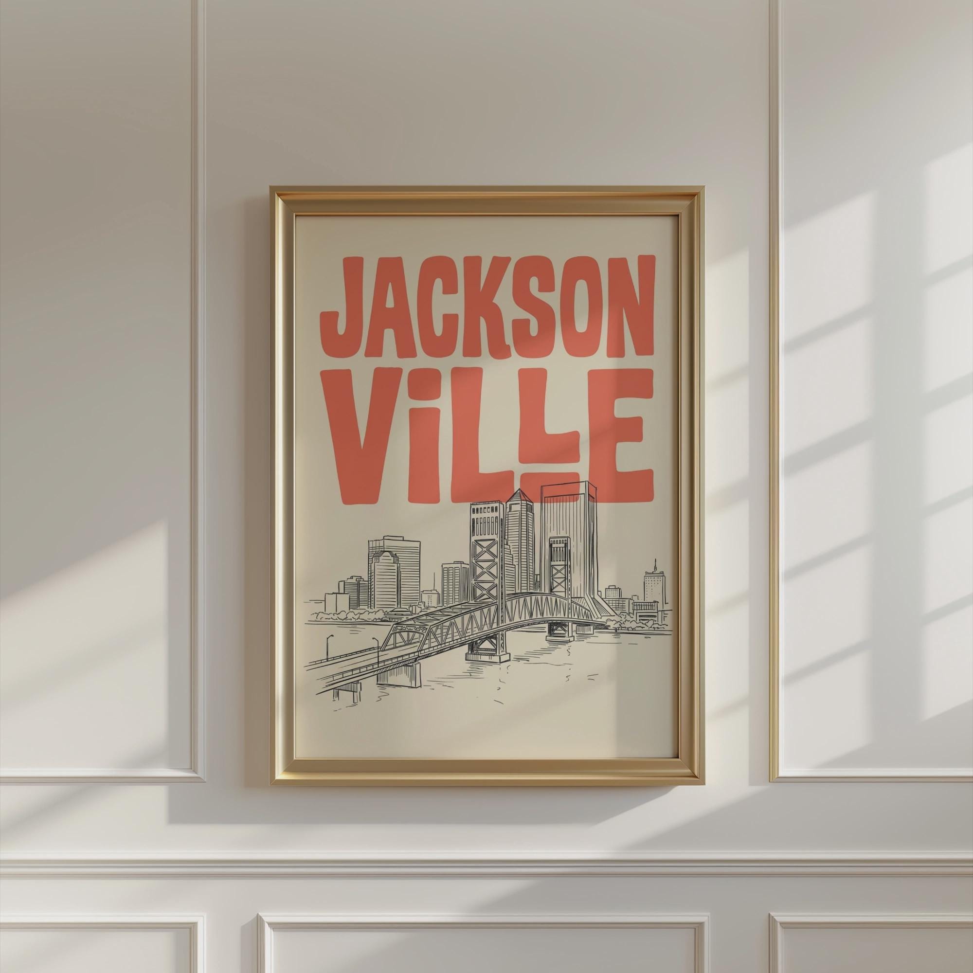 Jacksonville Florida Skyline Minimalist Wall Art, Framed Canvas Print, Retro City Decor