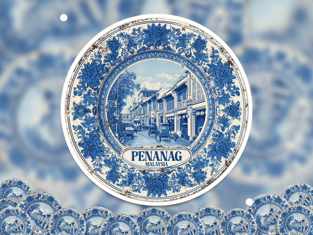 Penang Malaysia Sticker Vintage Delft style, Delftware Decal Waterproof Vinyl, Blue City Travel