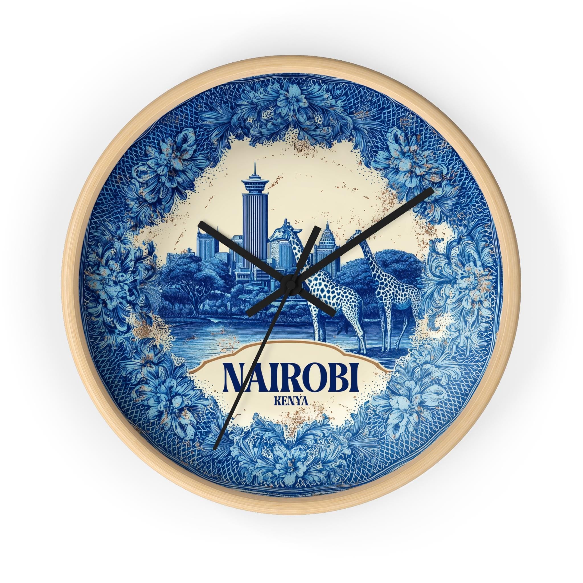 Nairobi Kenya Wall Clock, Delf style Home Decor, Vintage City Travel Keepsake Art