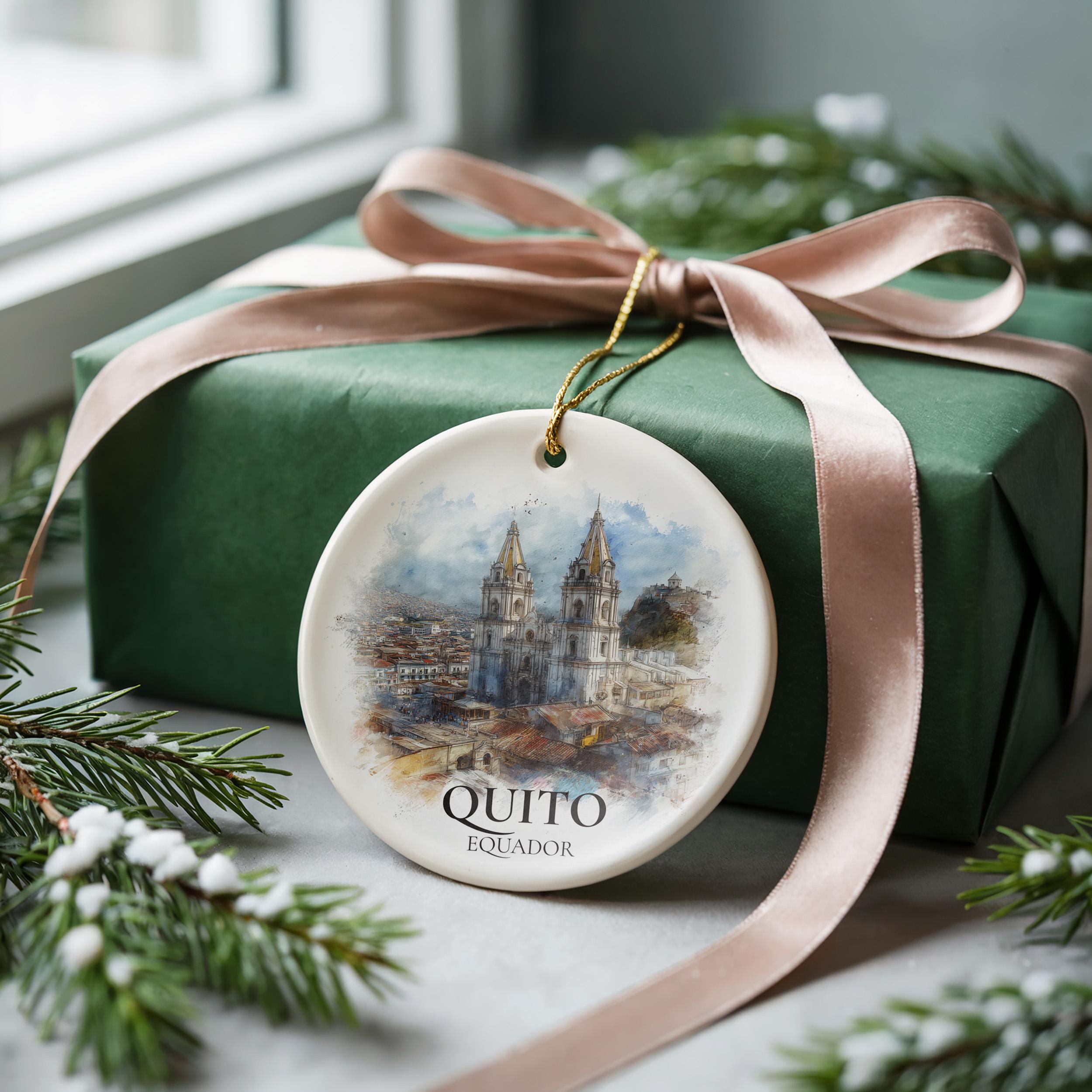 Quito Ecuador Personalized Watercolor Ornament, Custom Ceramic Christmas gift, Travel Keepsake