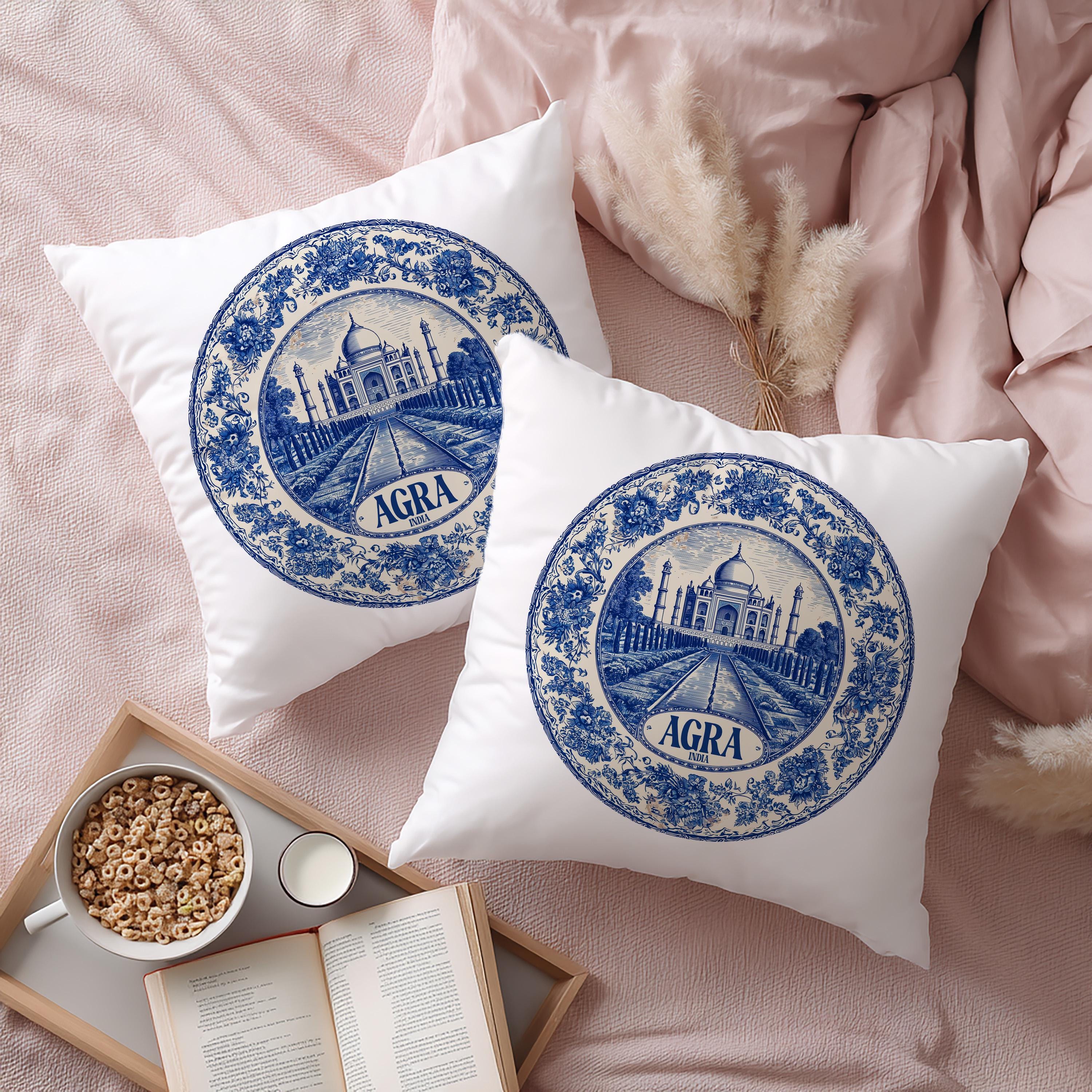 Agra India Pillowcase, Delft Style Decorative Throw Pillow, Vintage Cityscape Retro Home Decor