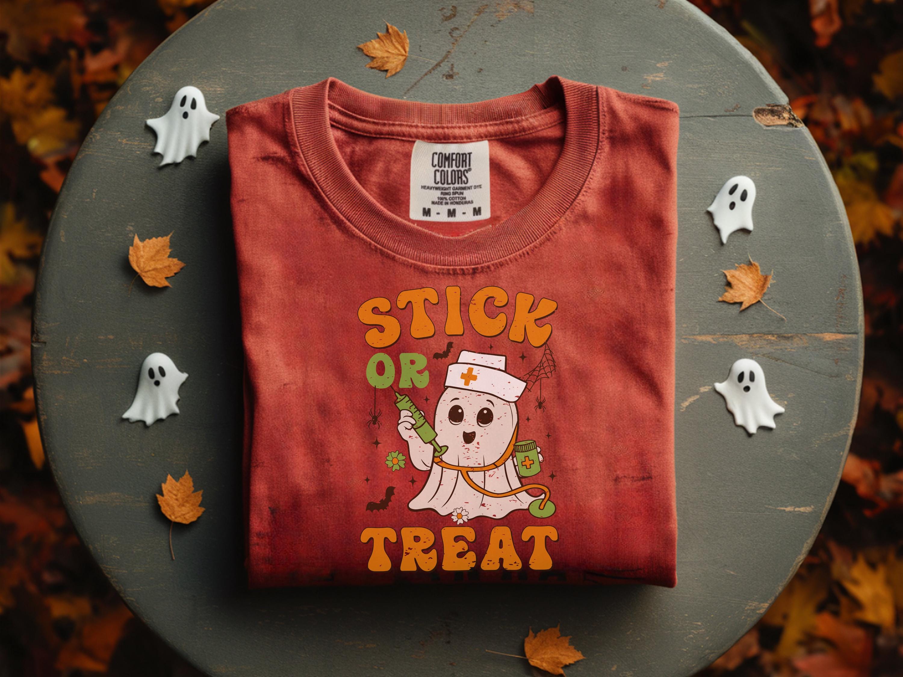 Stick or Treat Halloween Nurse Sweatshirt, Funny Ghost RN Top with Syringe, Spooky Medical Fall Apparel, Cozy Autumn Outfit, Gift for Nurse