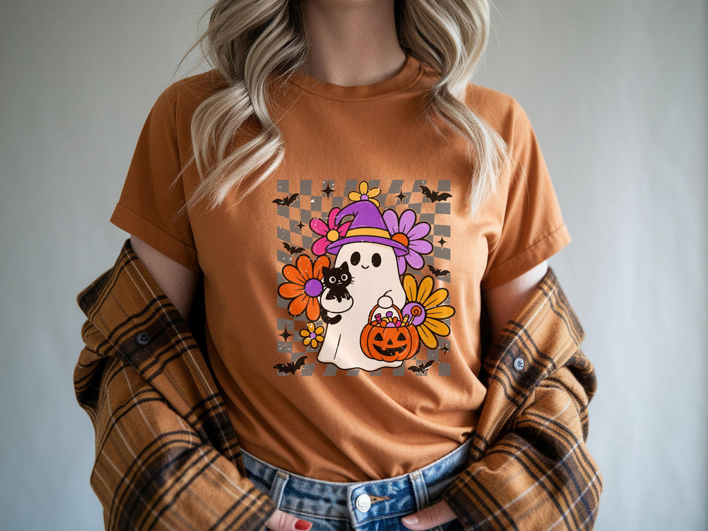 Retro Cute ghost Halloween Sweatshirt, Cute Cat Pumpkin Fall Top, Floral Spooky Crew, Trick or Treat Autumn Outfit, Funny Halloween Shirt