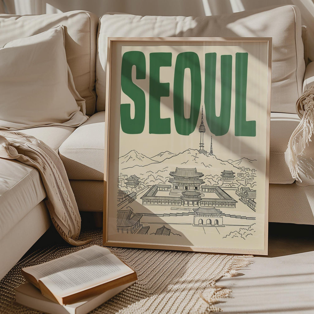 Seoul South Korea Wall Art, Framed Canvas Print, Retro Travel Decor