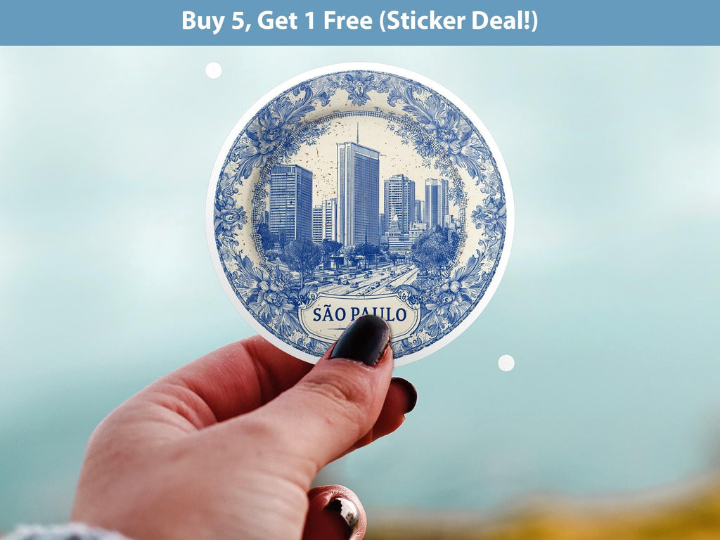 Sao Paulo Brazil Sticker Vintage Delft style, Delftware Decal Waterproof Vinyl, Blue City Travel