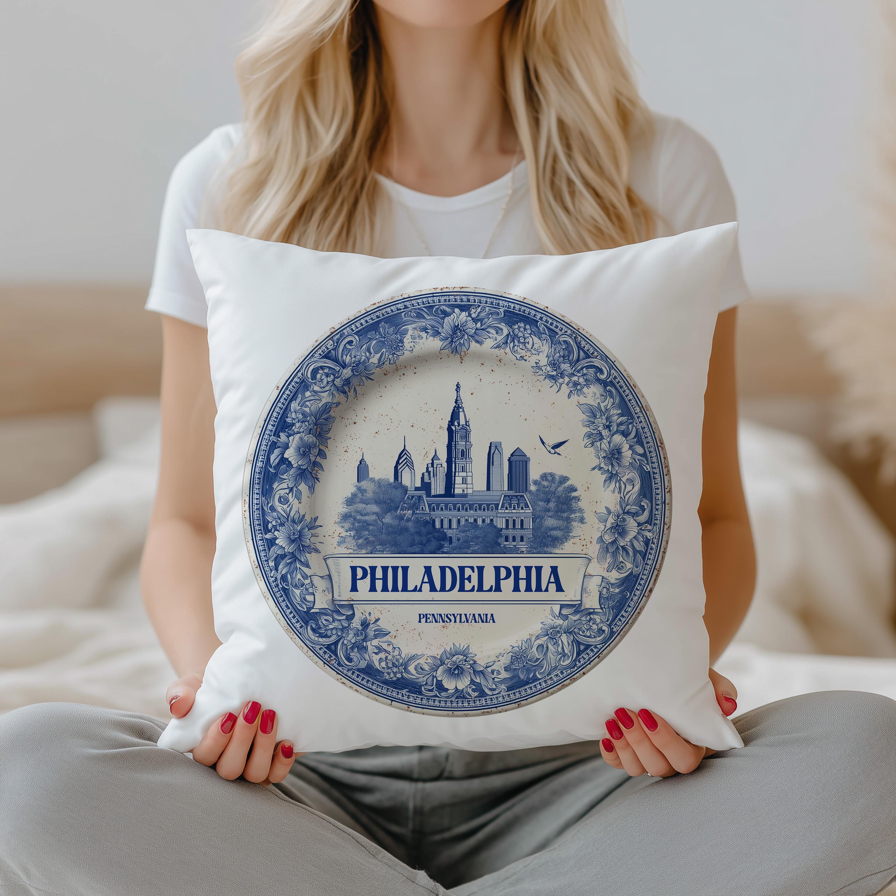 Philadelphia Pennsylvania Pillowcase, Delft Style Decorative Throw Pillow, Vintage Cityscape Retro Home Decor