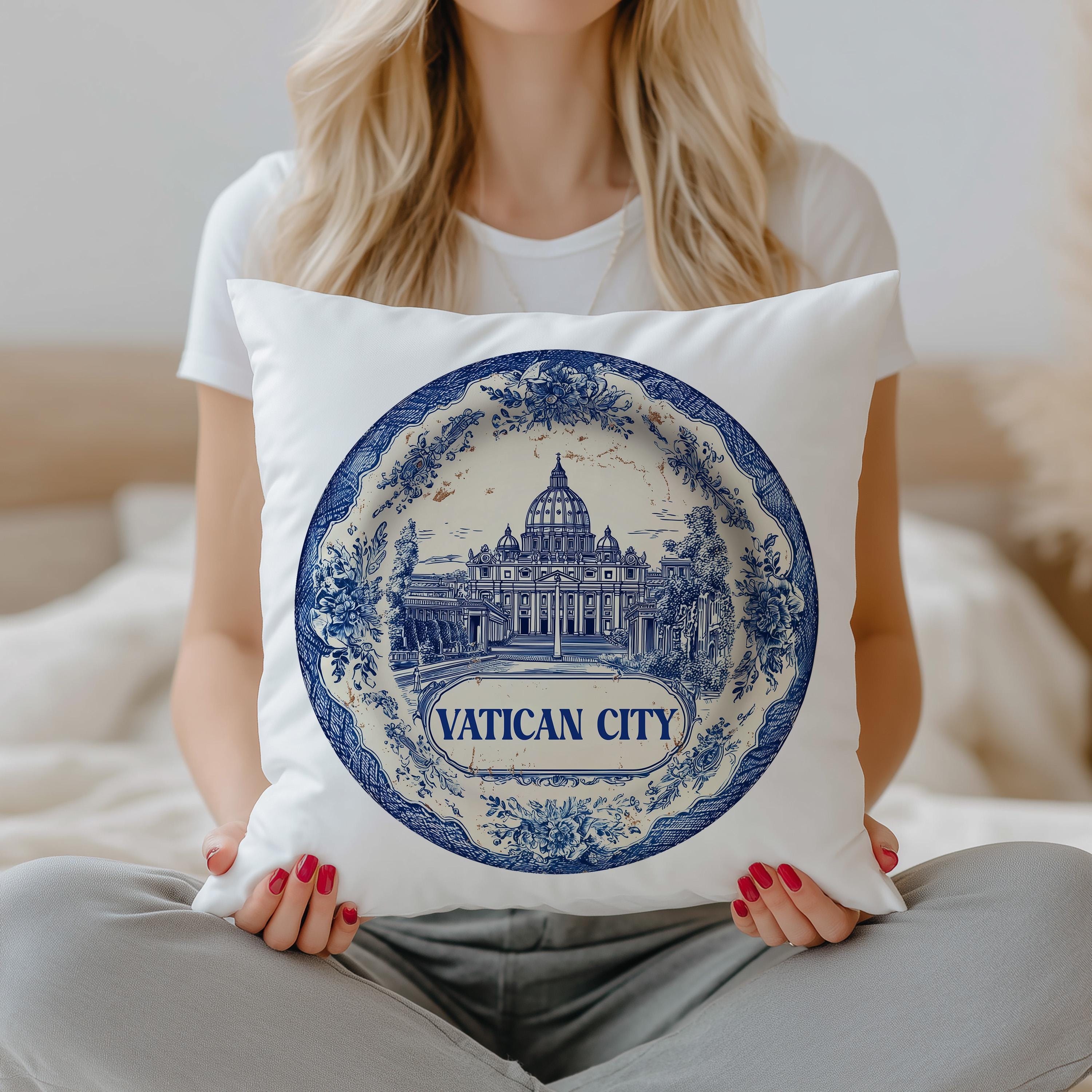 Vatican City Pillowcase, Delft Style Decorative Throw Pillow, Vintage Cityscape Retro Home Decor