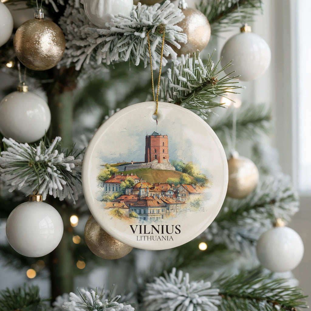 Vilnius Lithuania Personalized Watercolor Ornament, Custom Ceramic Christmas gift, Travel Keepsake