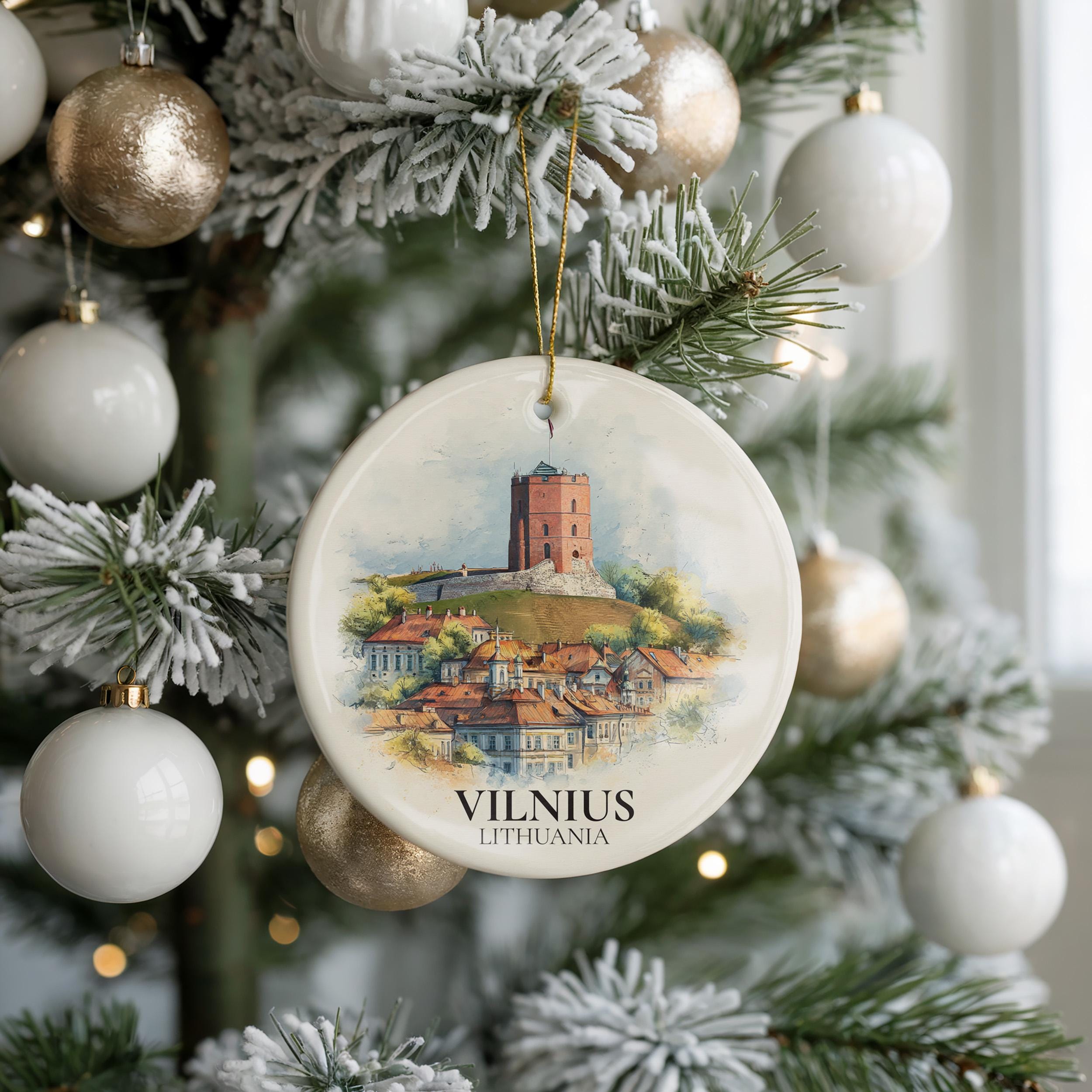 Vilnius Lithuania Personalized Watercolor Ornament, Custom Ceramic Christmas gift, Travel Keepsake
